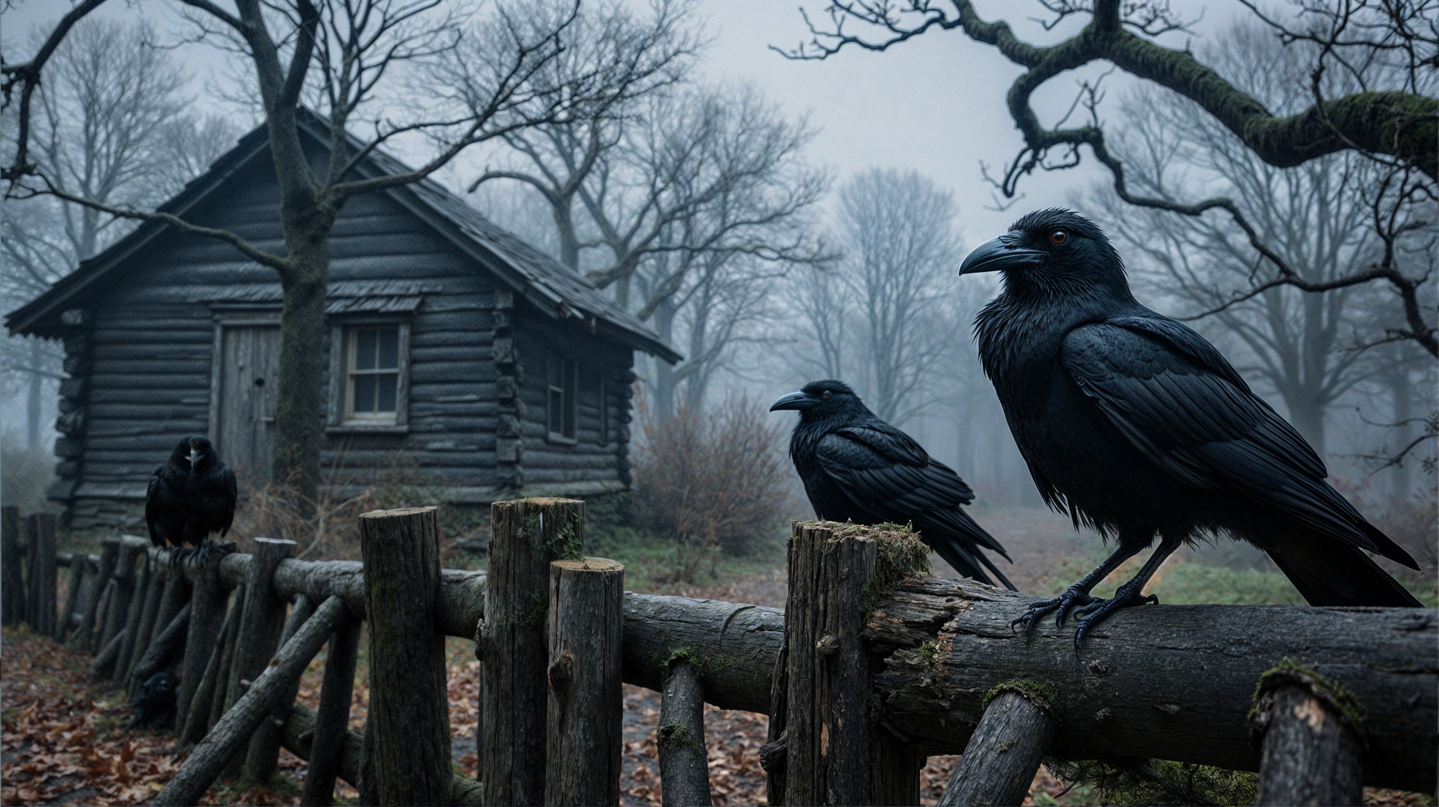 Three Ravens on a Fence in a Foggy Landscape