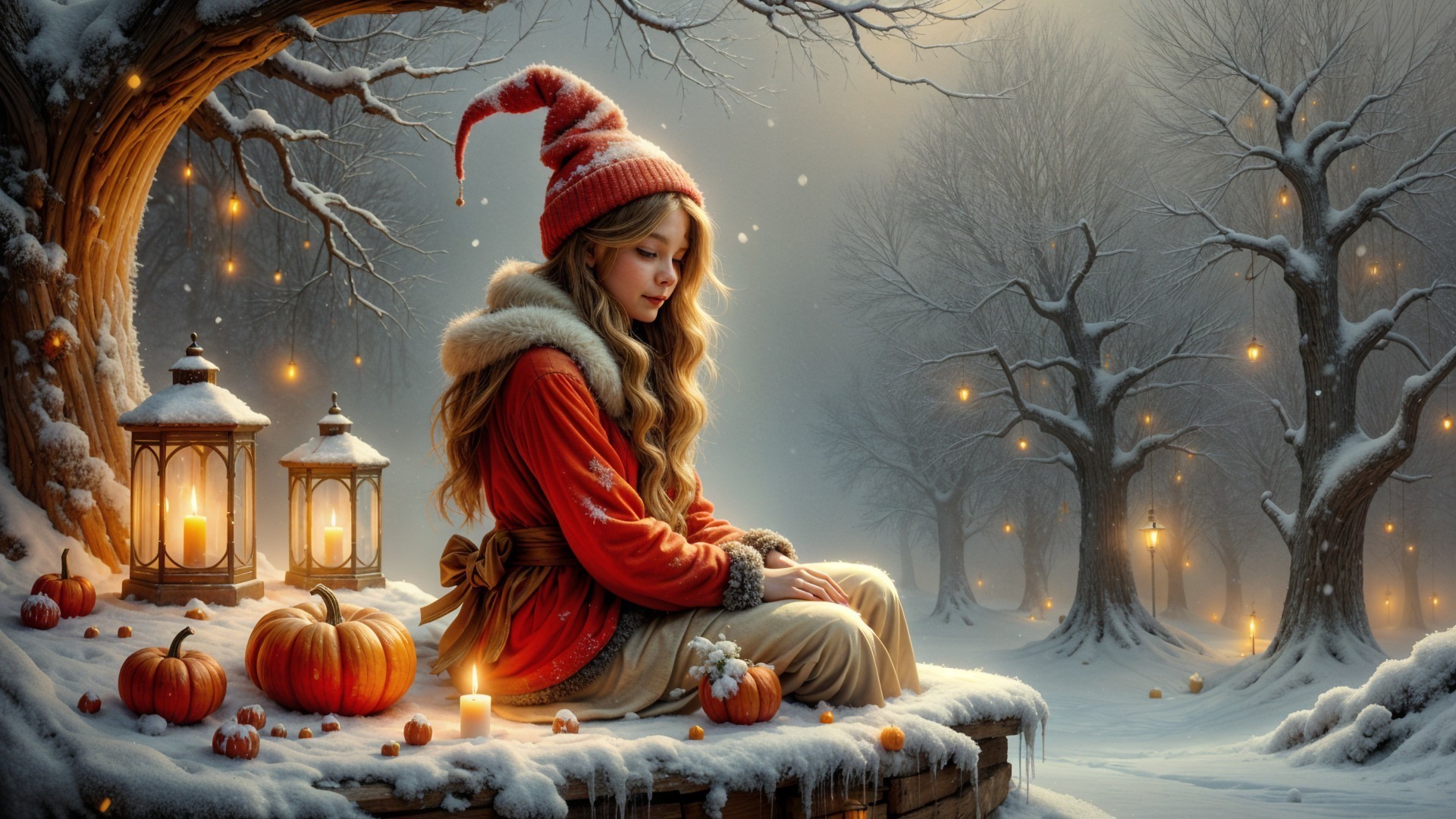 Winter Landscape with Girl in Red Coat and Lanterns