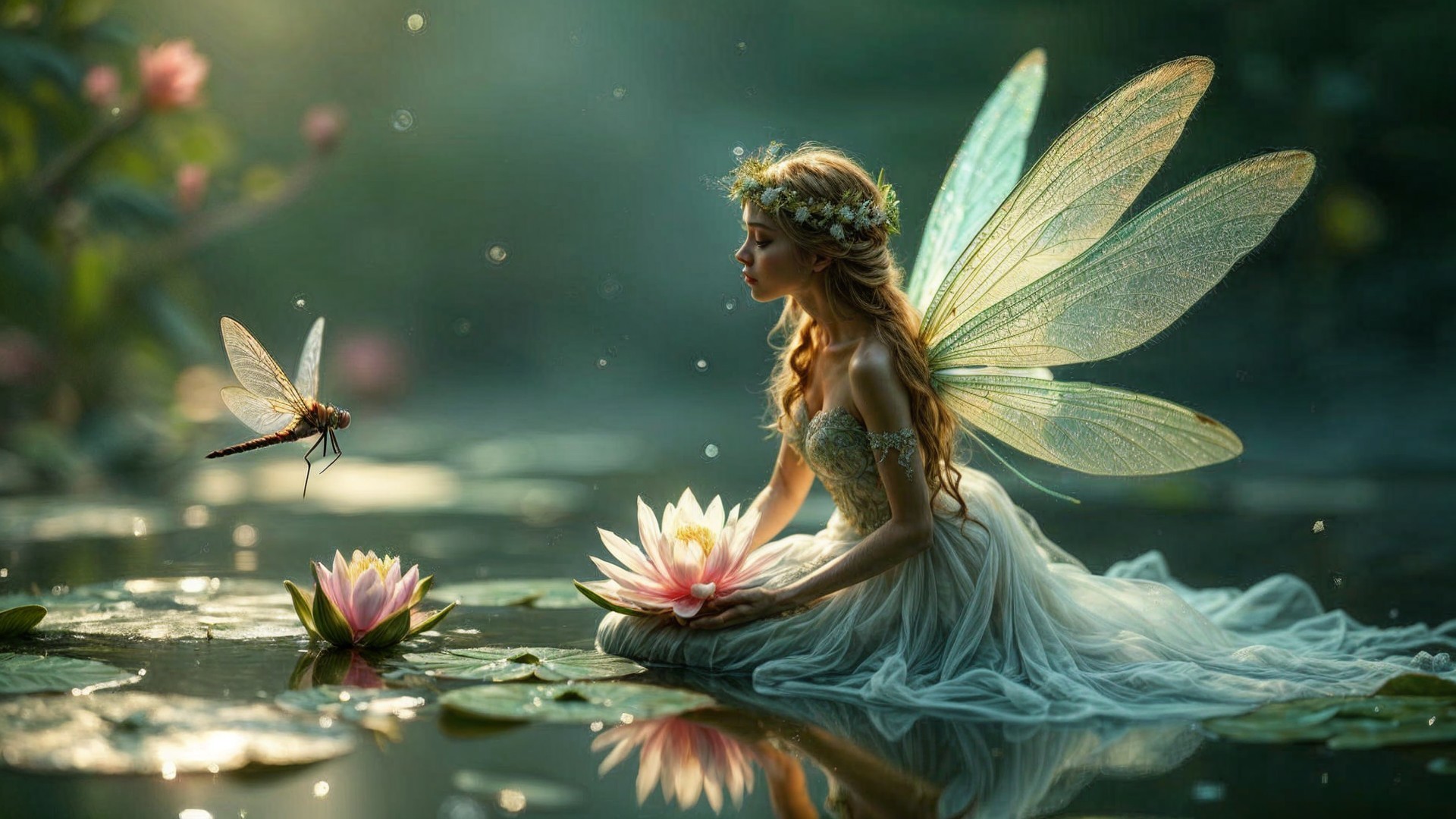 Fairy on Lily Pad in Enchanted Pond Setting
