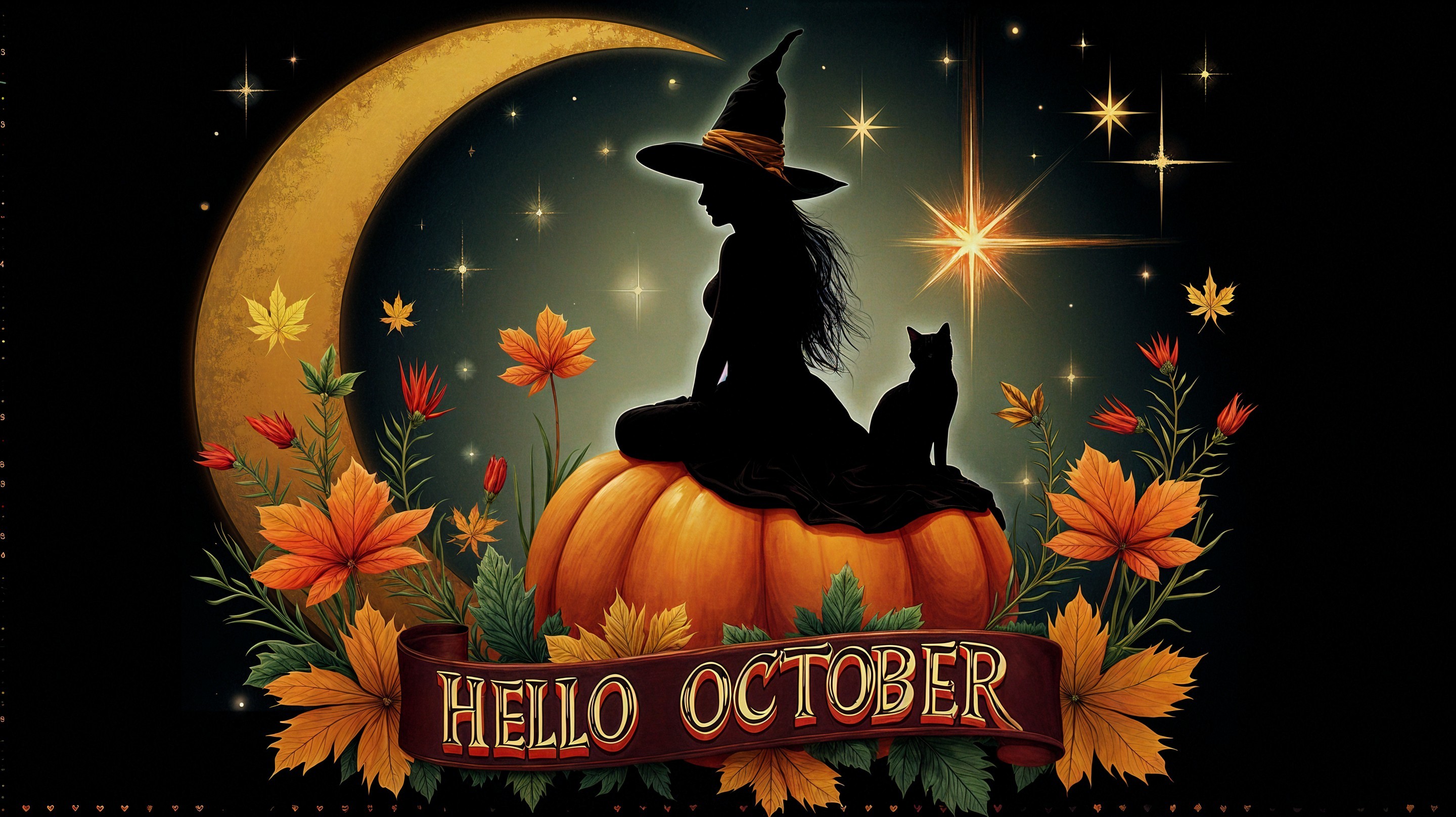 Whimsical Witch Silhouette on Pumpkin with Autumn Scene