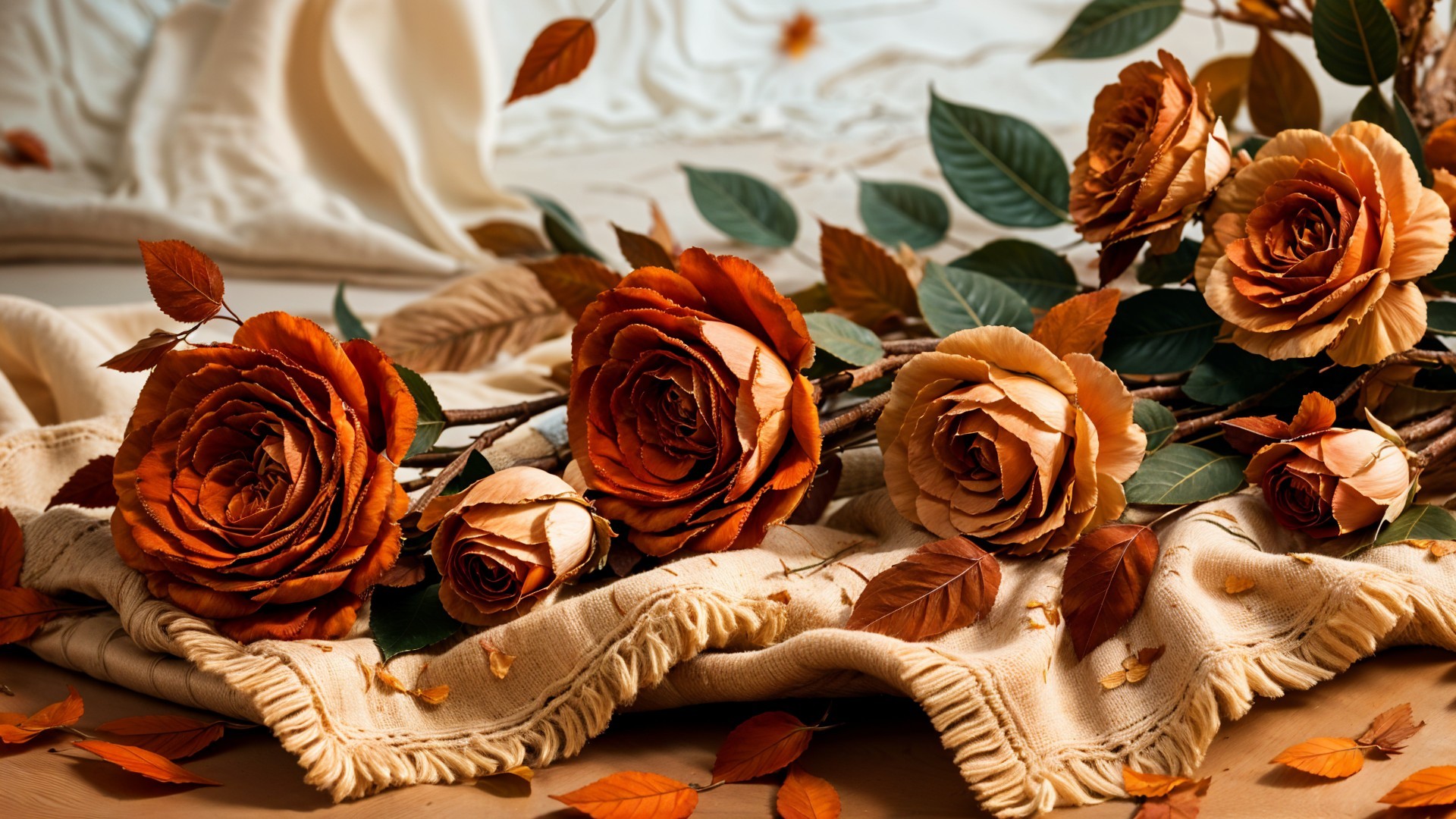 Elegant Rust-Colored Roses on Cream Blanket Display