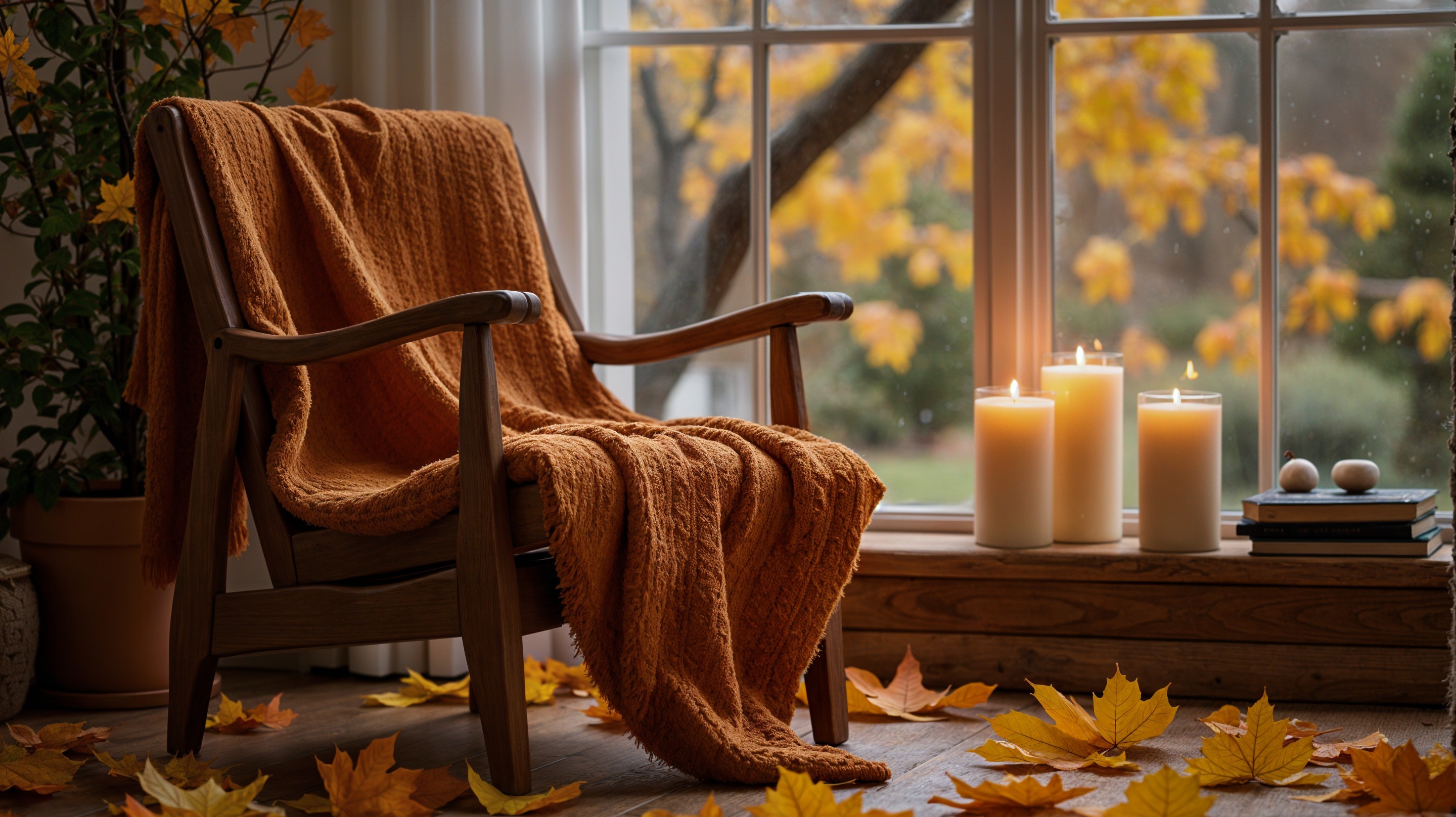 Cozy Autumn Scene with Chair and Candles by Window