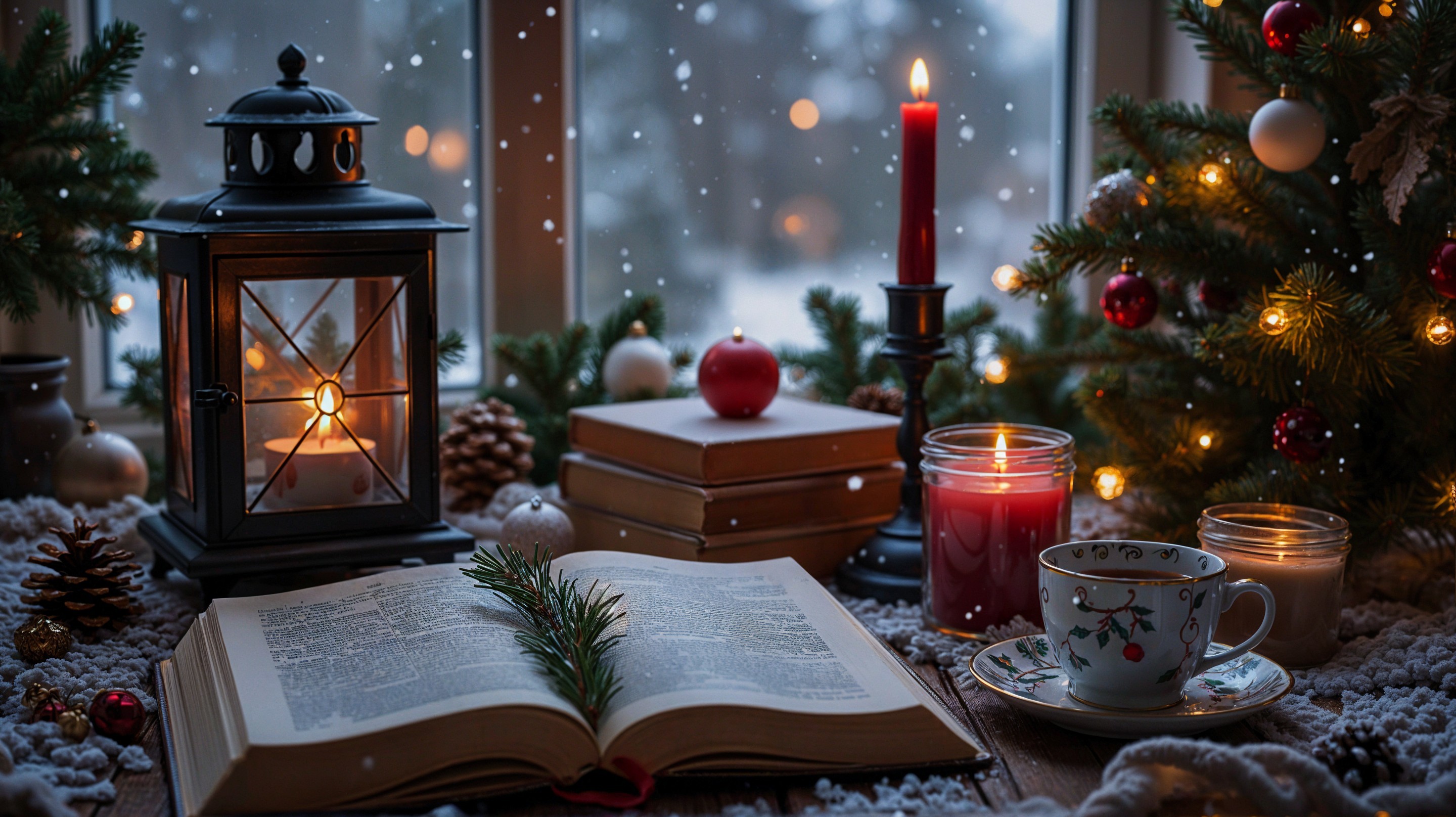 Cozy Winter Scene with Book, Lantern, and Decorations