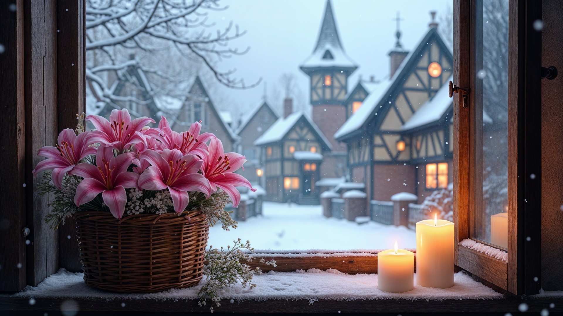 Cozy Winter Village Scene with Snow and Candles