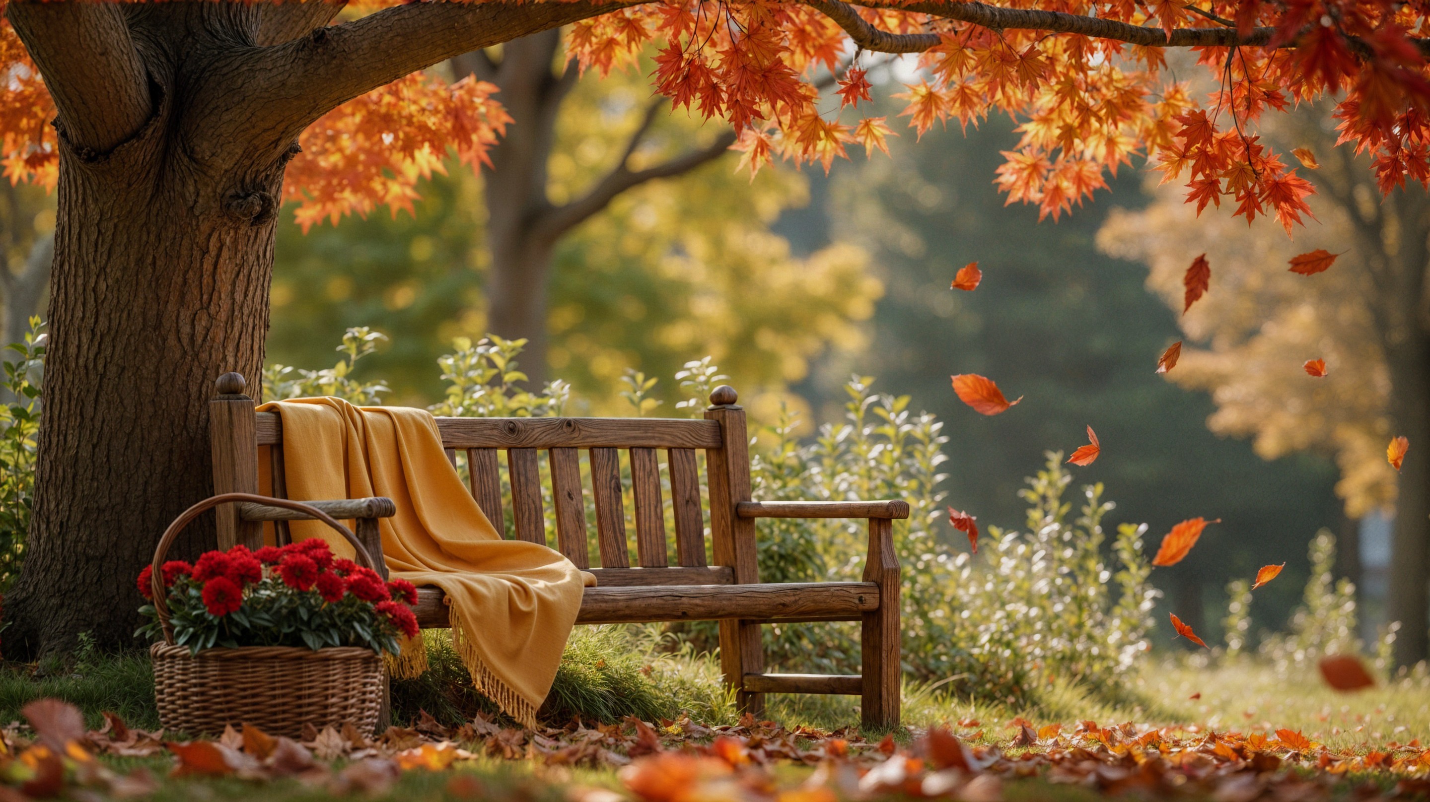 Rustic Bench Under Vibrant Autumn Tree and Leaves