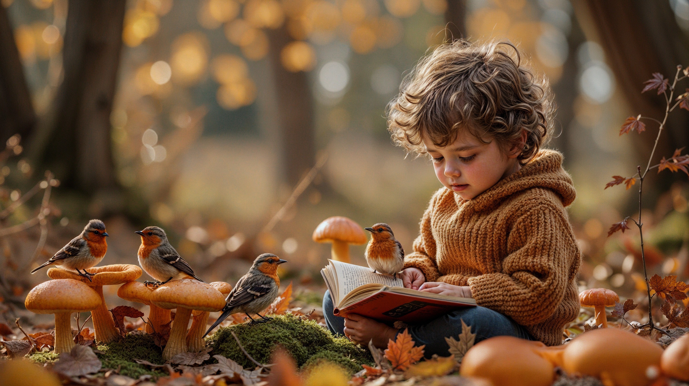 Child Reading in Autumn Forest with Vibrant Mushrooms