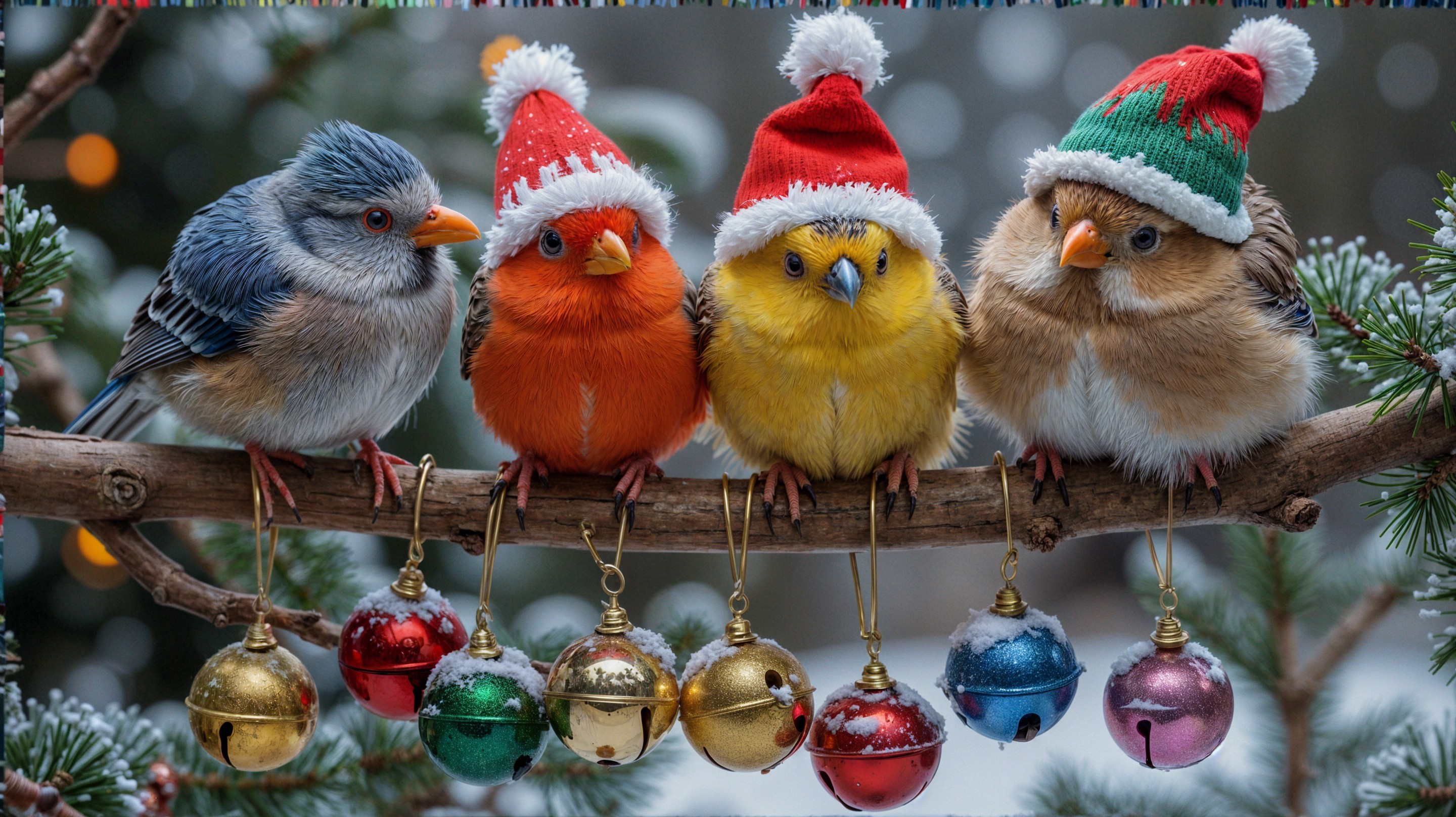 Colorful Birds with Festive Hats on Snowy Branch