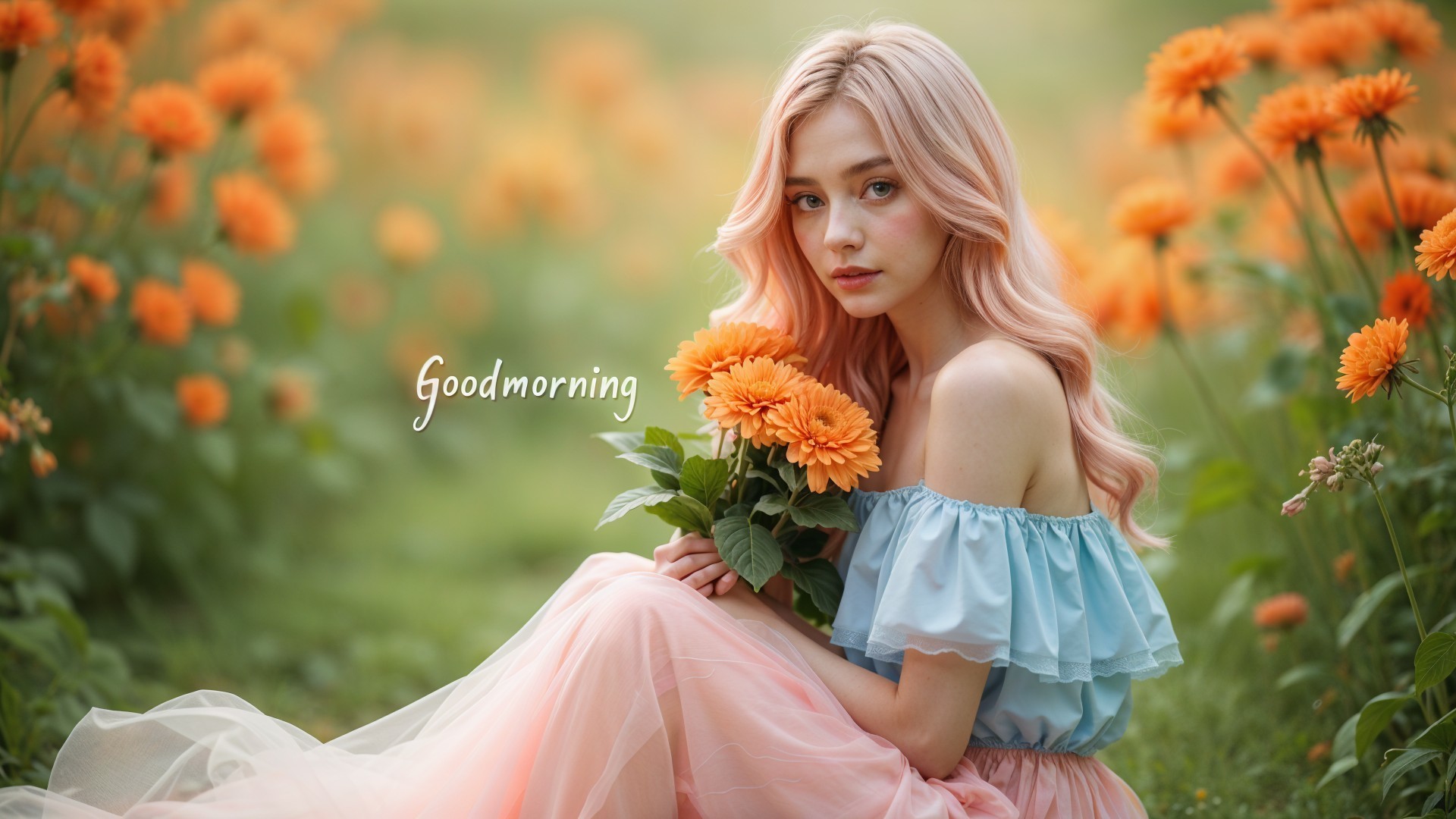 Young woman in pastel outfit among orange flowers