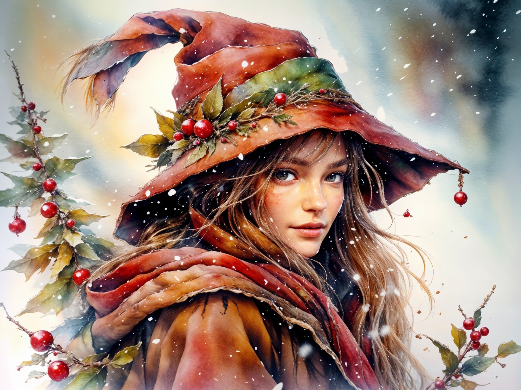 Young woman in colorful wizard hat in snowy landscape