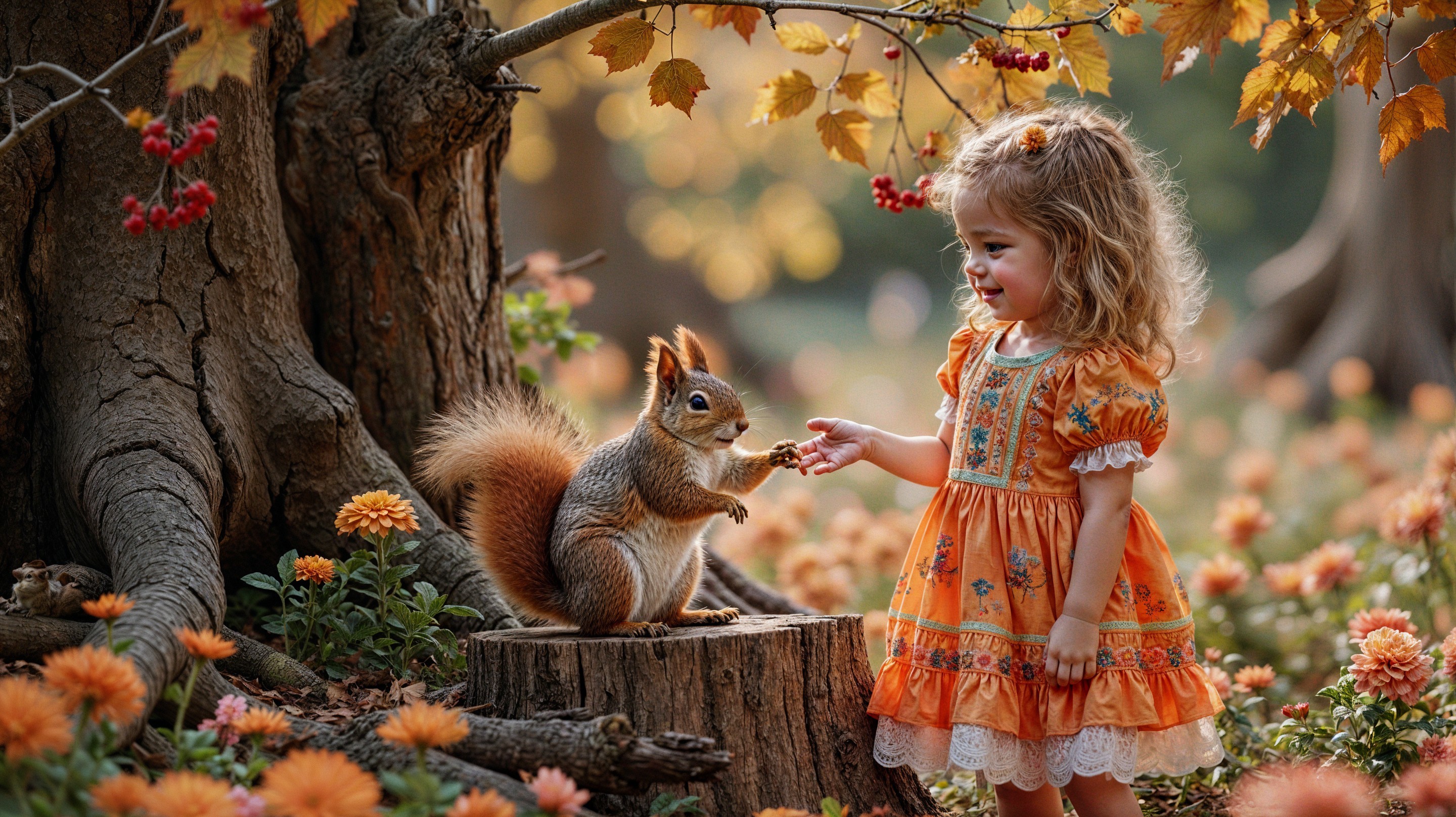 Young girl in orange dress with squirrel in meadow