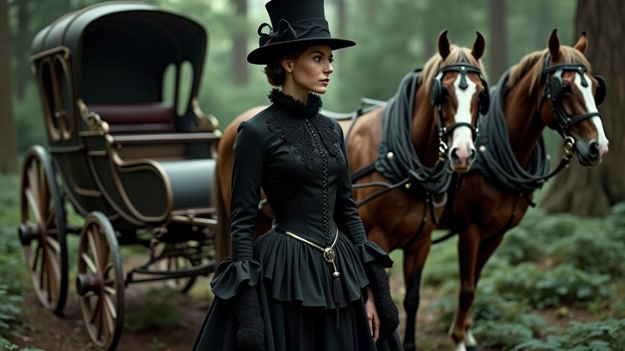 Mysterious Figure in Elegant Gown in Forest Setting