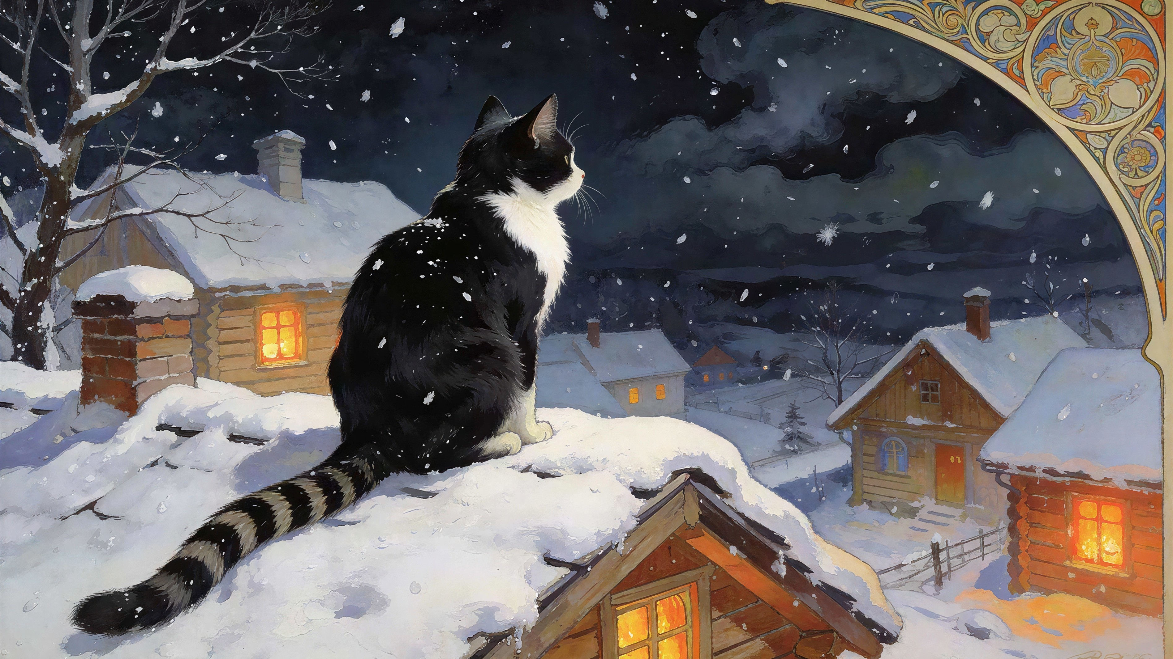 Black and white cat on snowy roof in village night scene