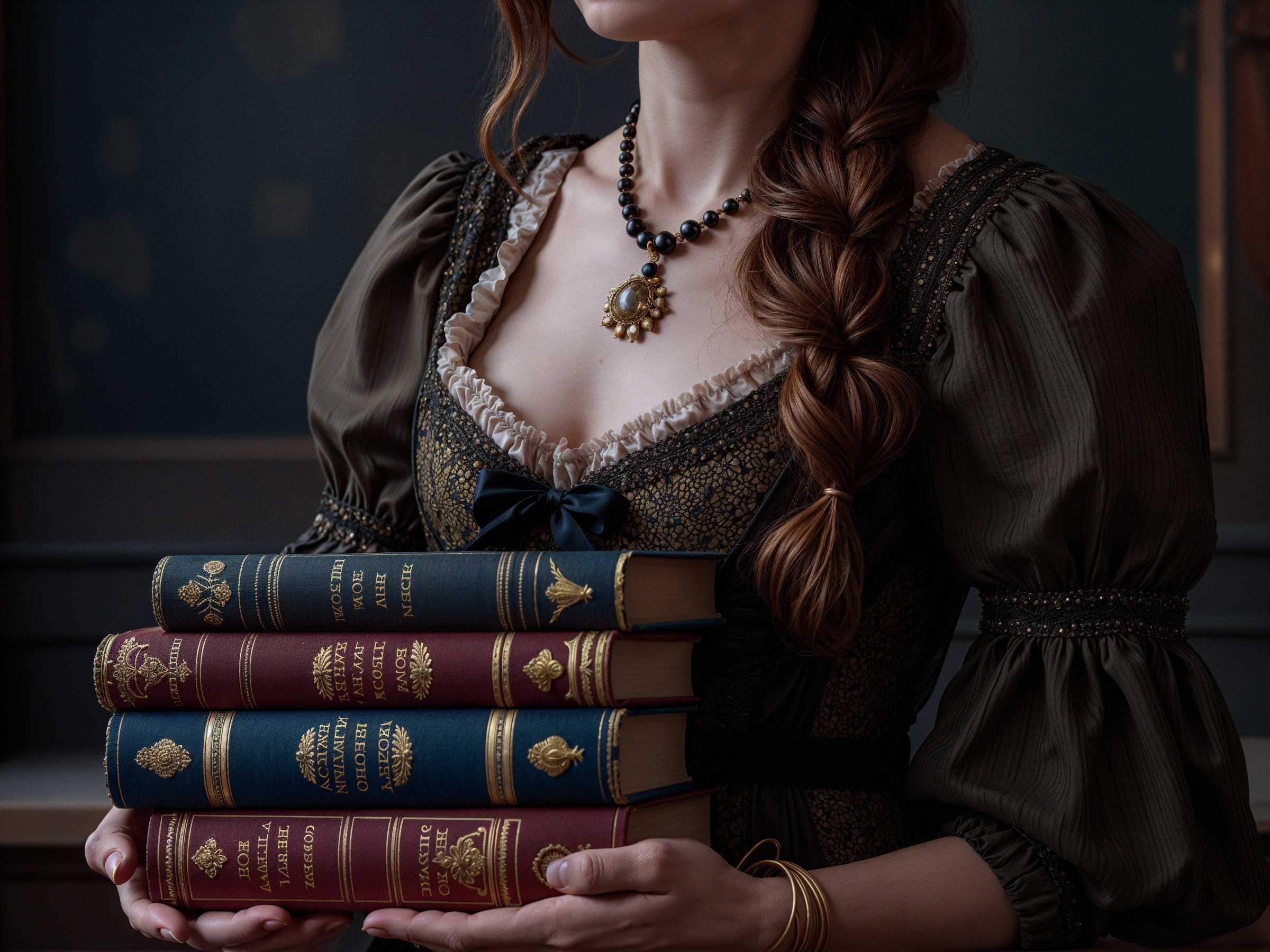 Vintage Dress with Ornate Books in Classic Setting