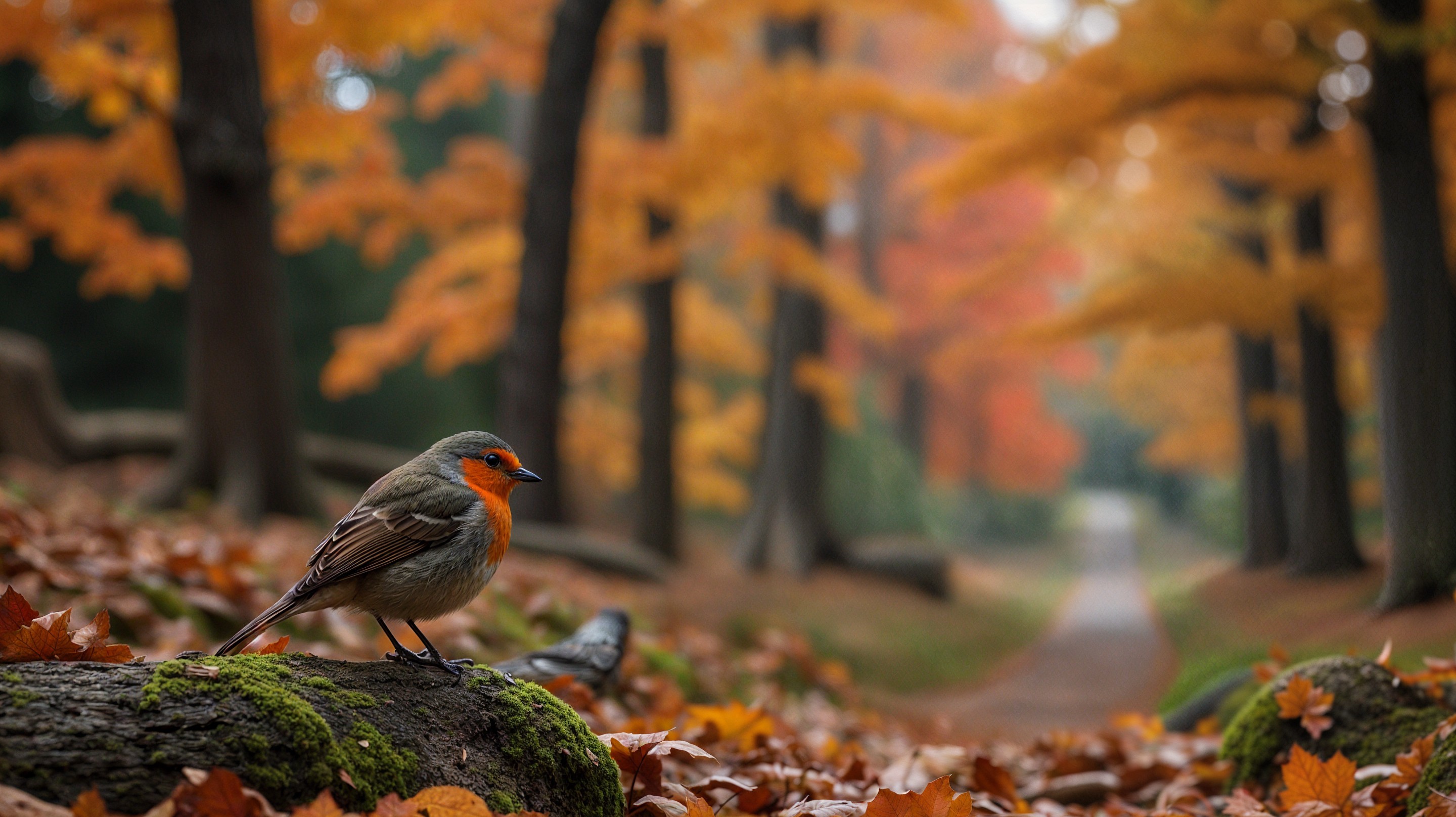 Small bird with orange chest in autumn forest scene