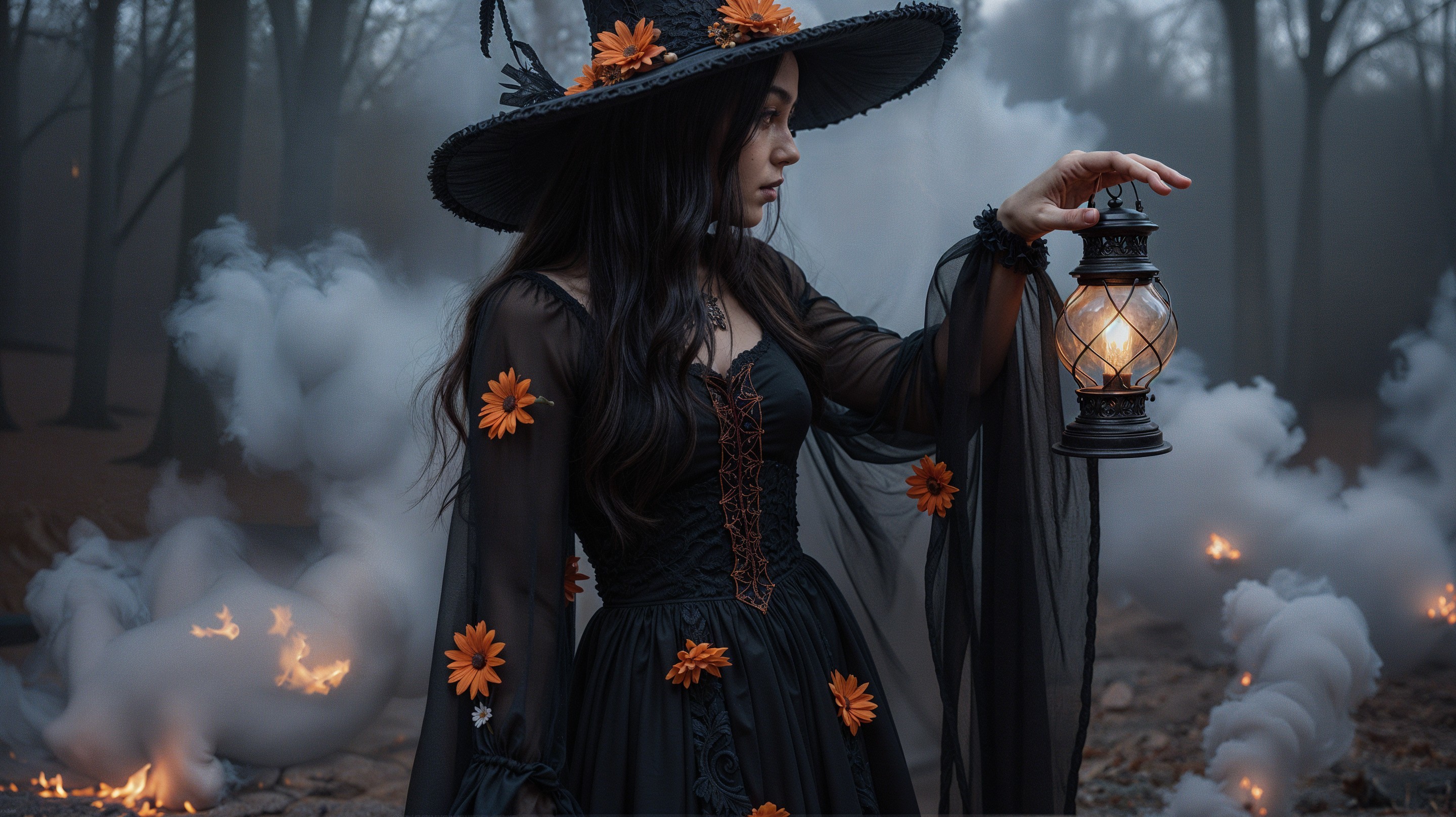 Young woman in dark gown with lantern in misty forest