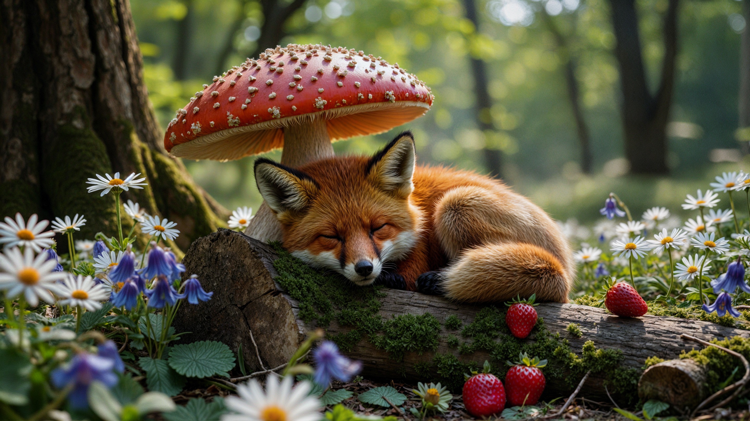 Sleeping Red Fox Under Toadstool in Vibrant Forest