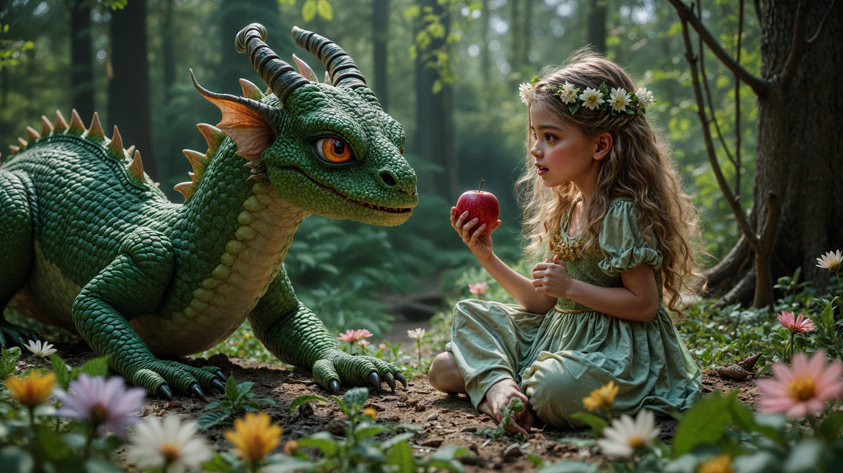 Magical forest scene with girl and friendly dragon