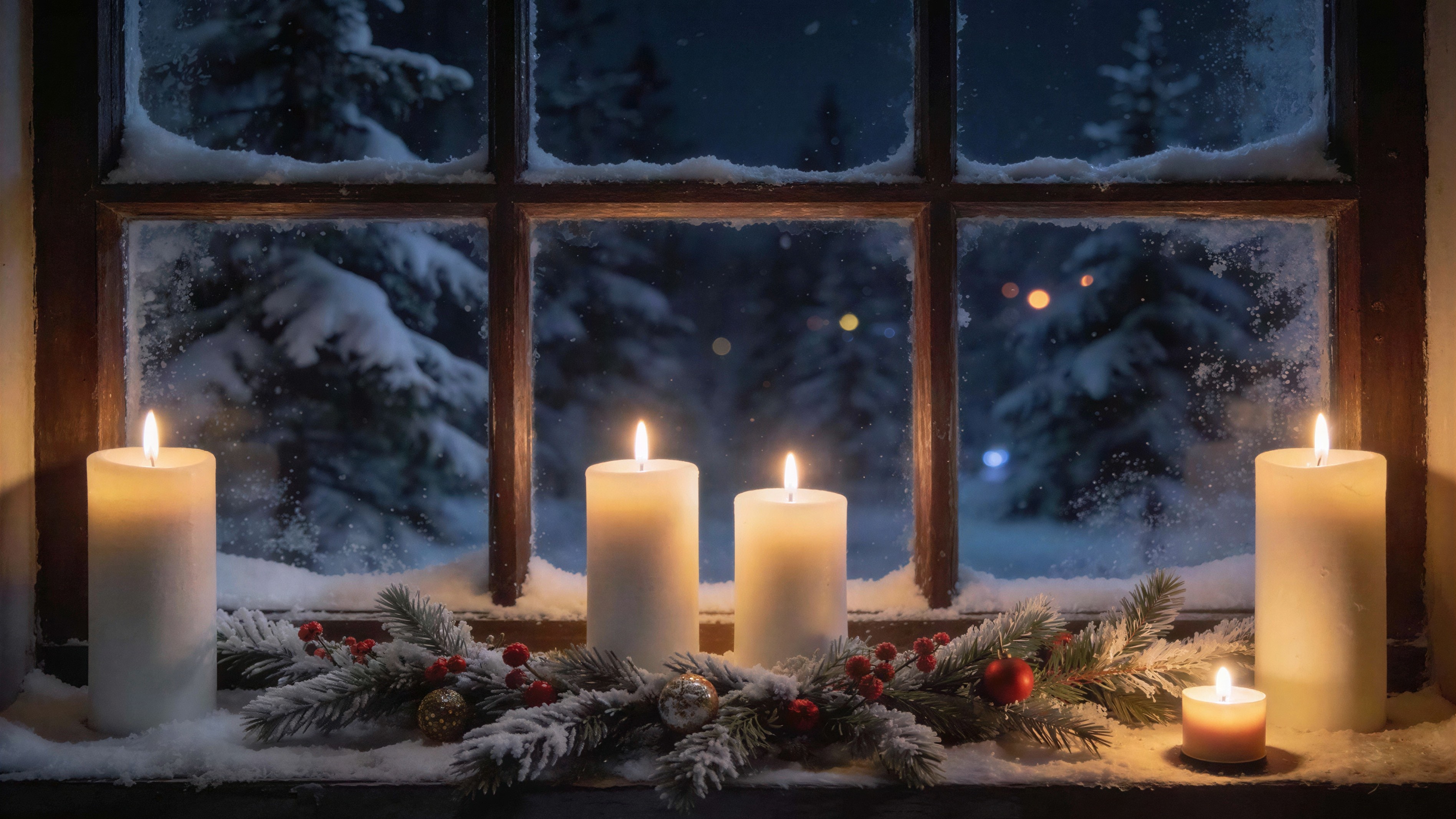 Nighttime Window View with Snow and Candlelight