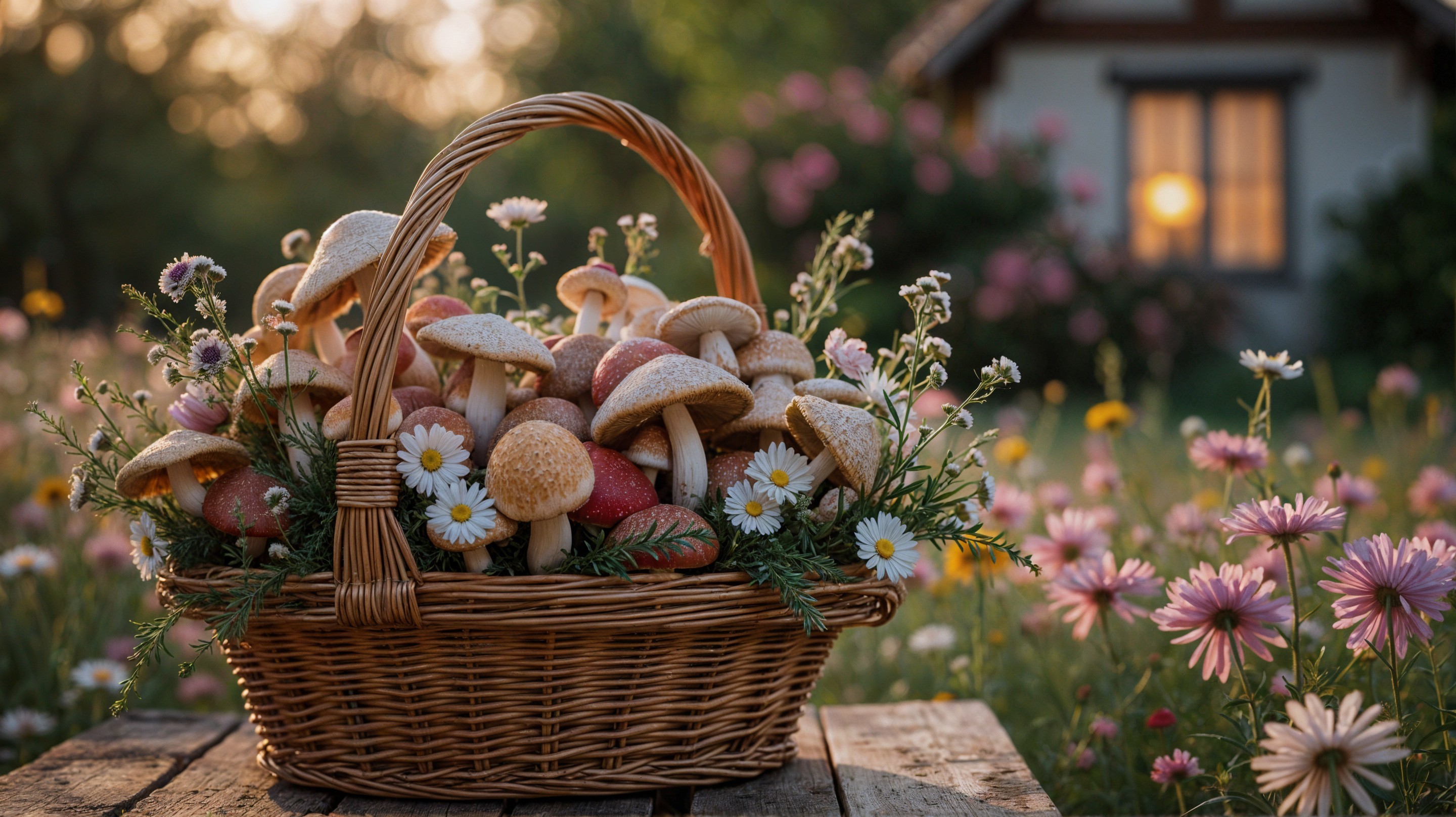 Woven Basket of Colorful Mushrooms and Wildflowers