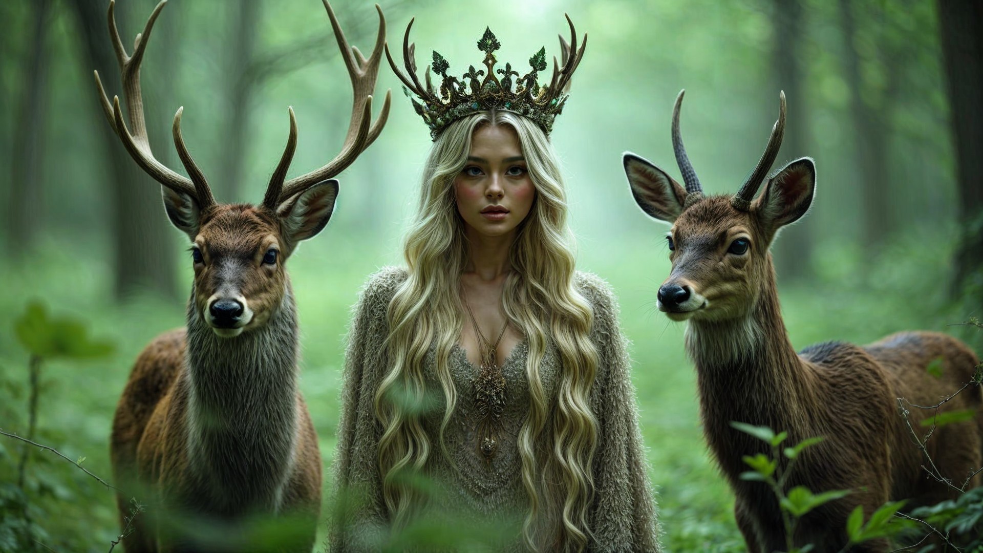 Regal figure with deer in a mystical forest setting
