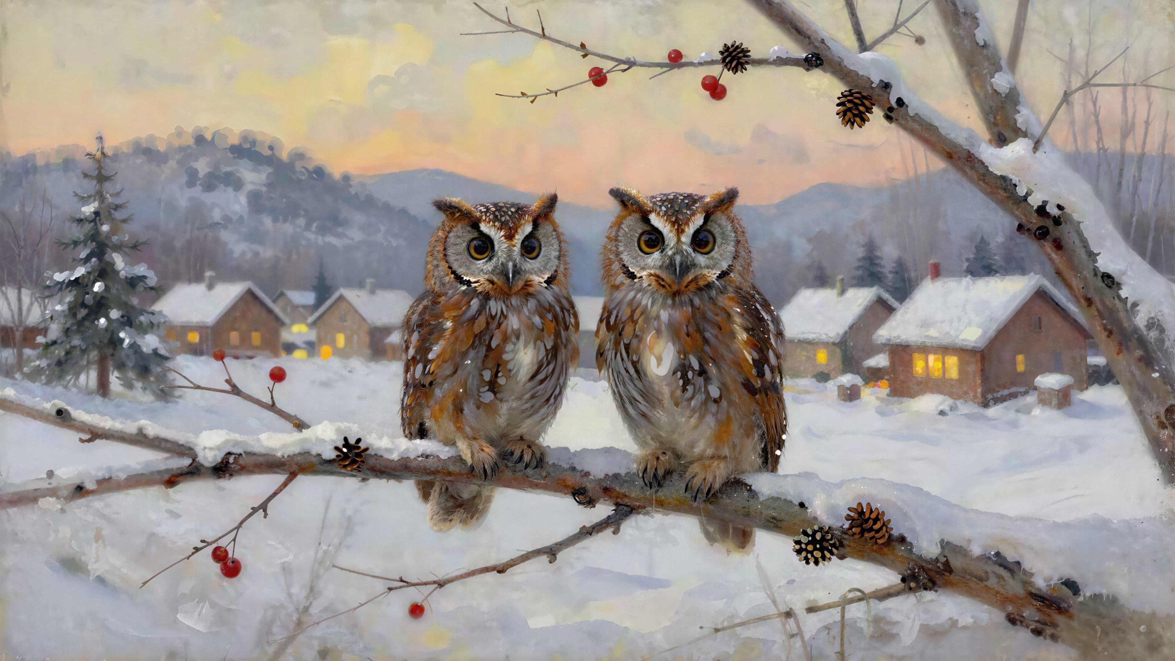 Hyperrealistic Oil Painting of Snowy Owls in Winter