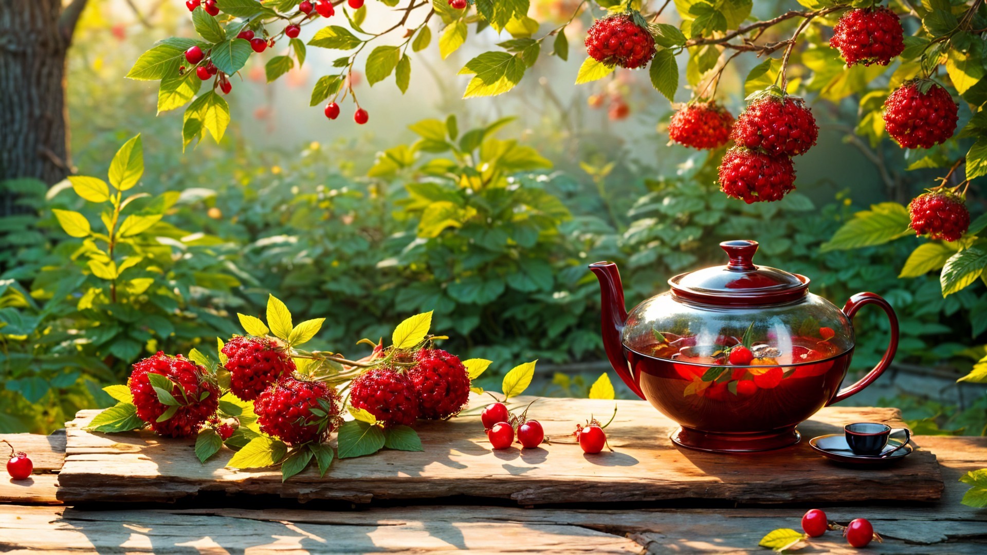 Vibrant Red Glass Tea Set on Rustic Wooden Table