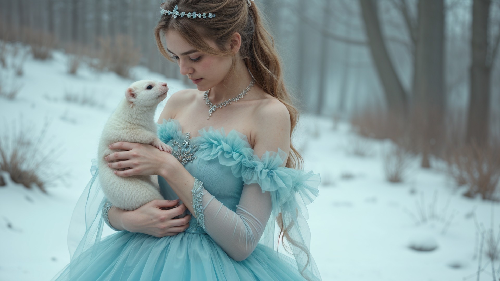 Young woman in blue gown with ferret in snowy forest
