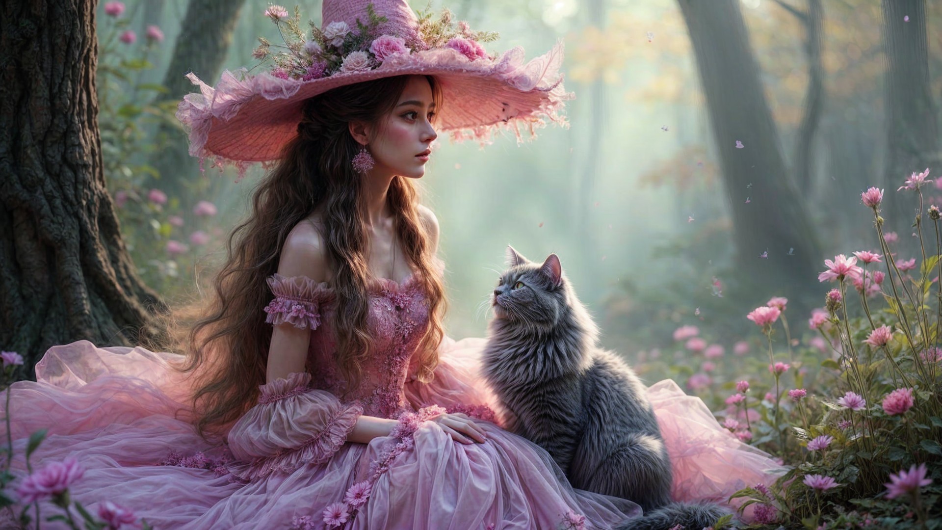 Young Woman in Pink Gown in Enchanted Forest Scene