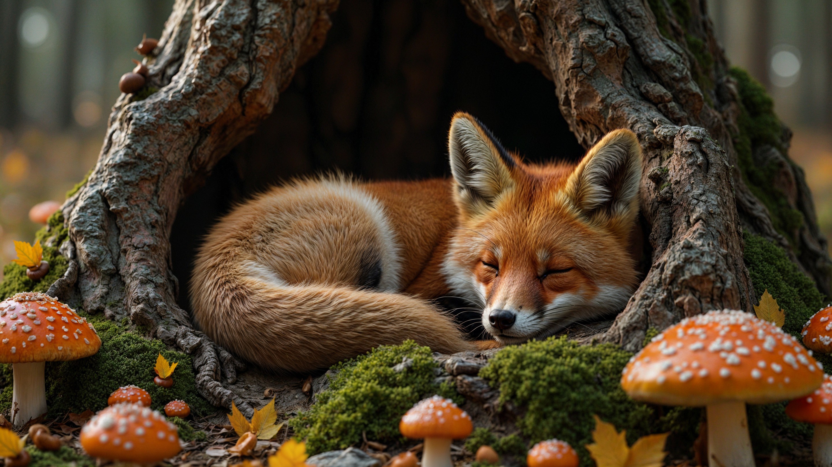Red Fox Nestled in Tree with Autumn Leaves and Moss