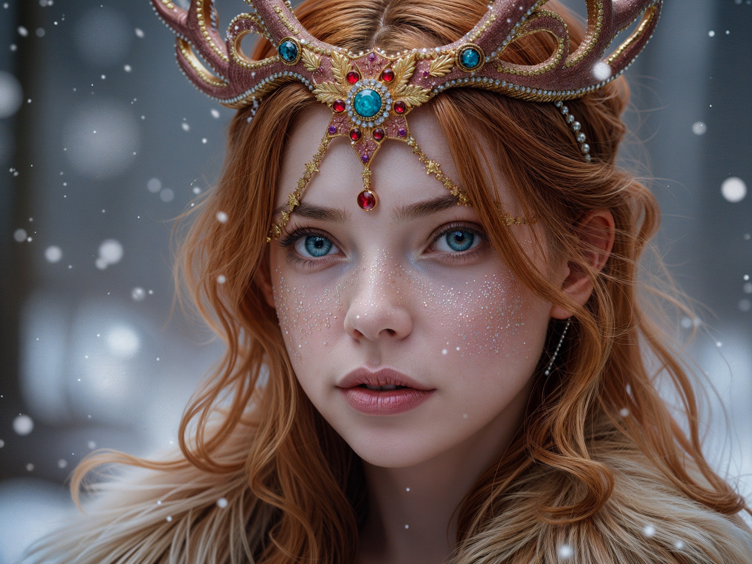 Young Woman with Blue Eyes in Golden Crown and Snow