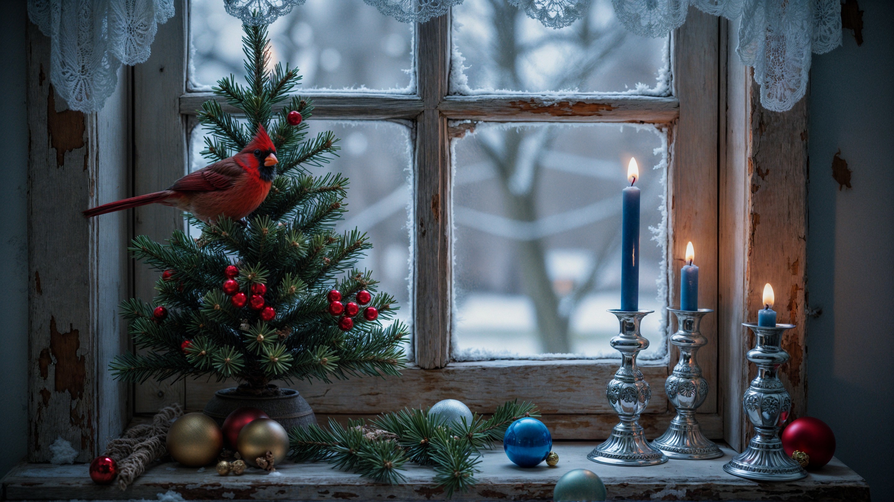 Cozy Winter Scene with Christmas Tree and Cardinal