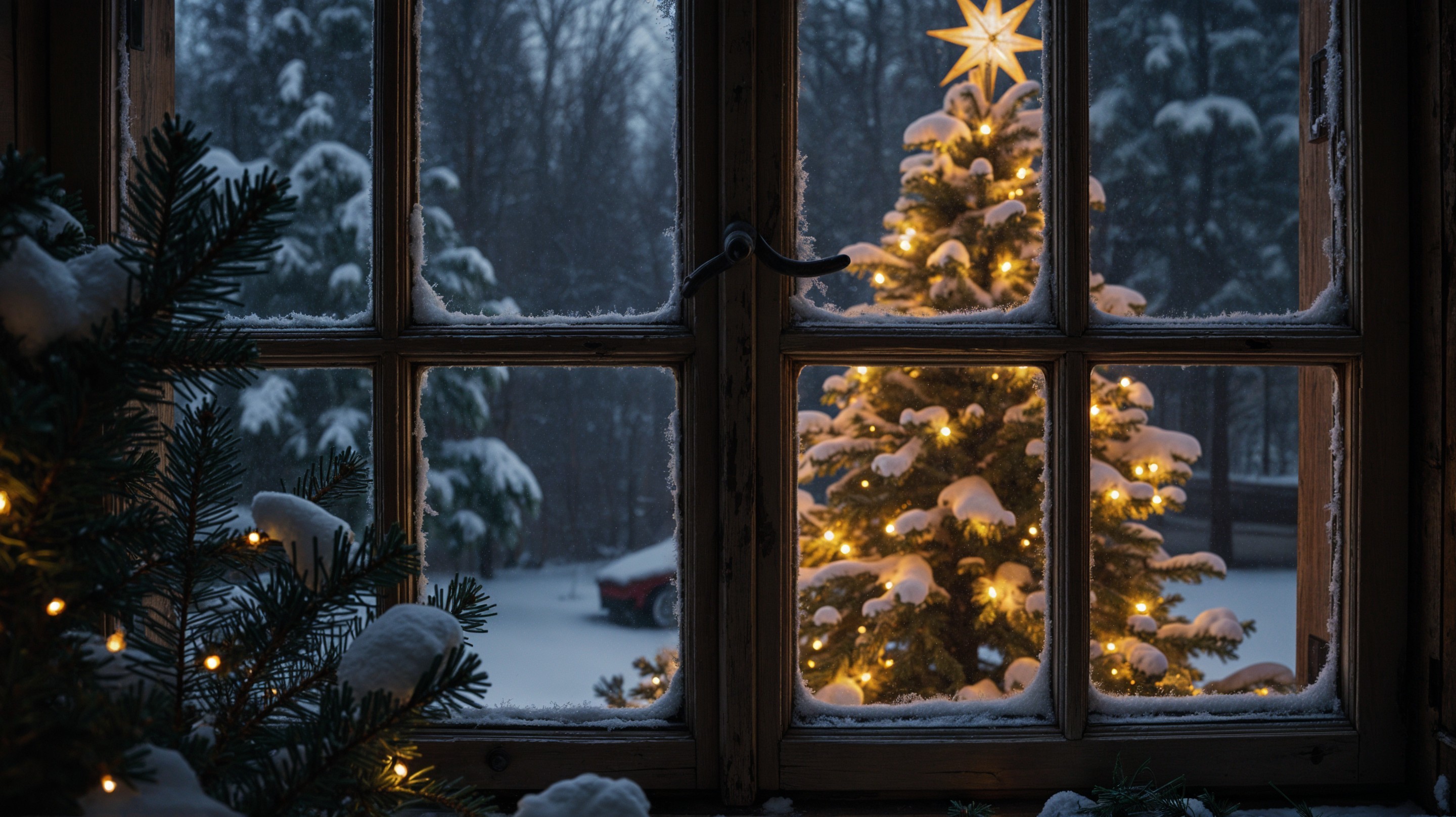 Cozy Winter Room with Christmas Tree and Snowy View