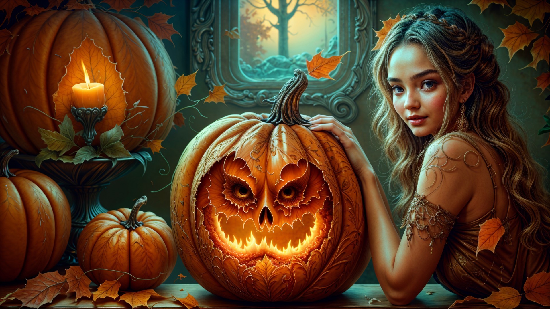 Mystical Autumn Scene with Pumpkins and Candlelight