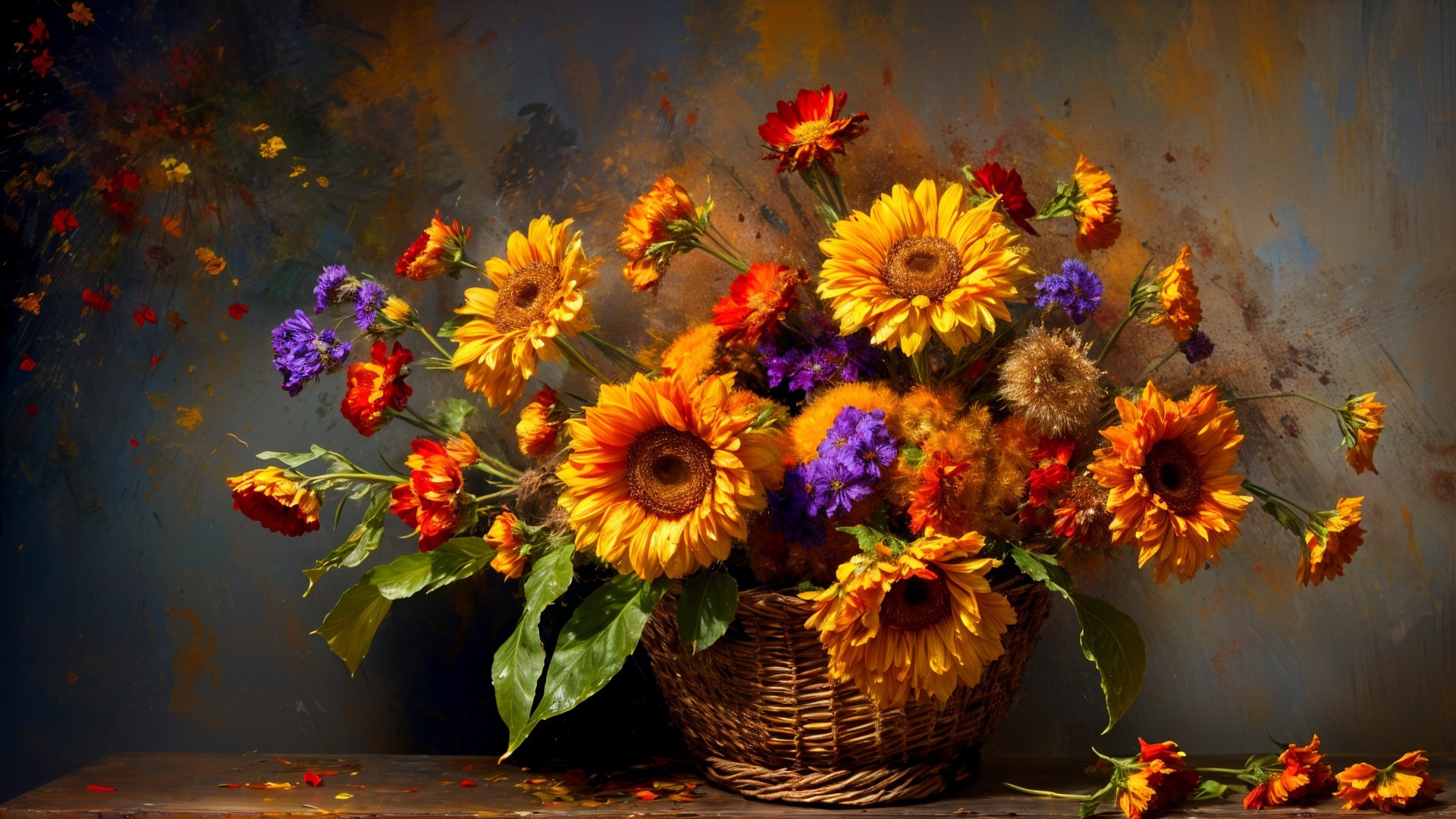 Vibrant Floral Arrangement in Woven Basket Display