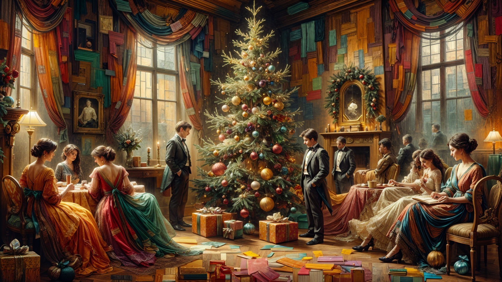 Festive Holiday Gathering with Christmas Tree and Guests
