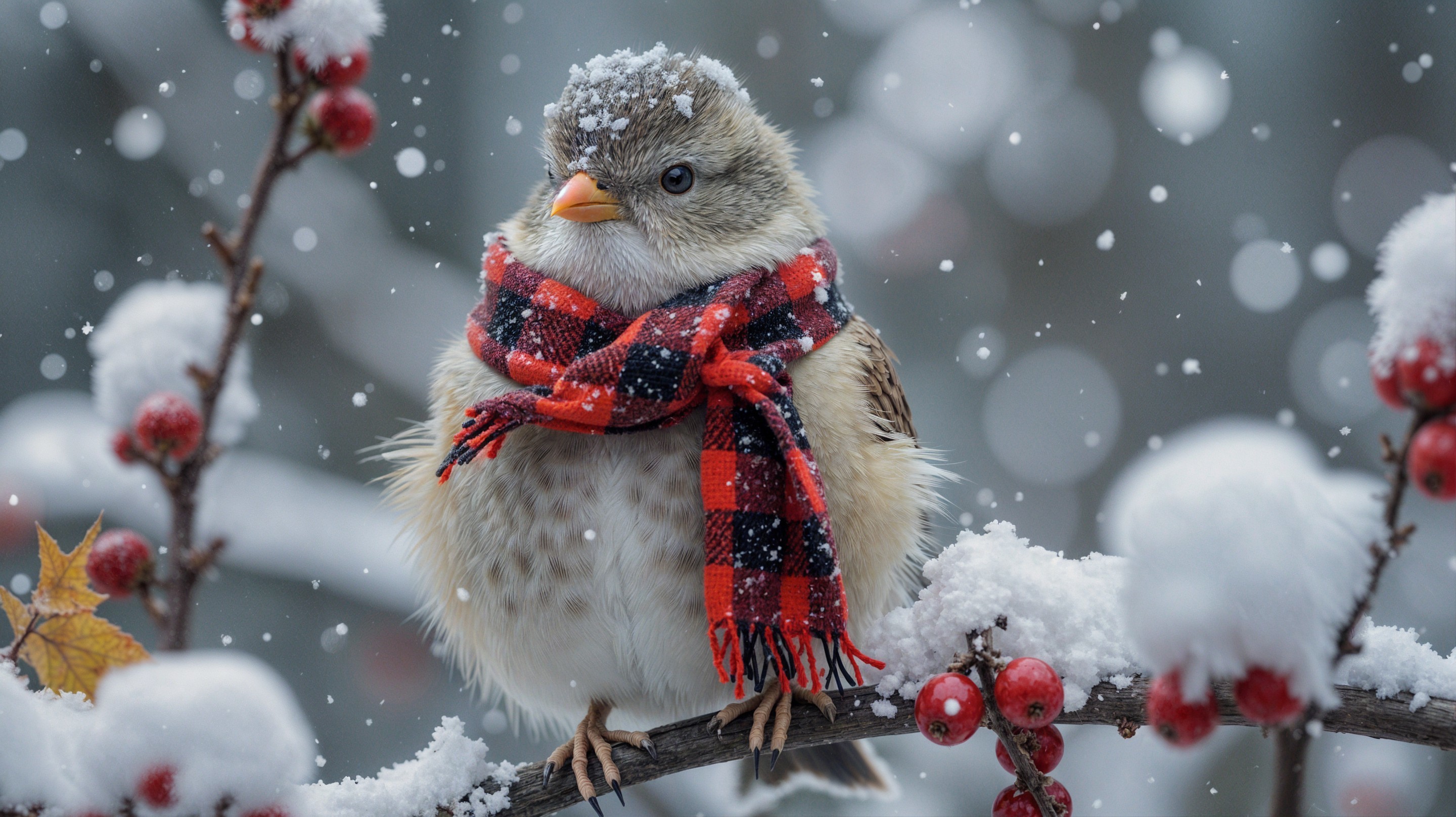 Fluffy Bird on Snowy Branch with Red Berries and Scarf