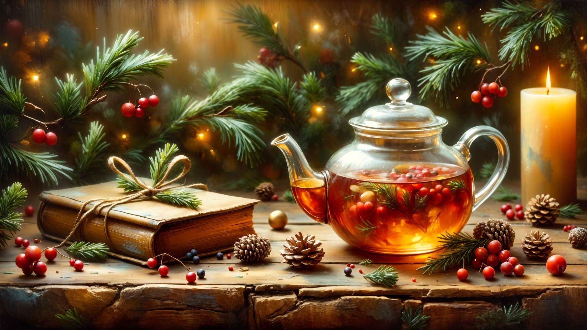 Cozy Winter Scene with Teapot and Festive Decor