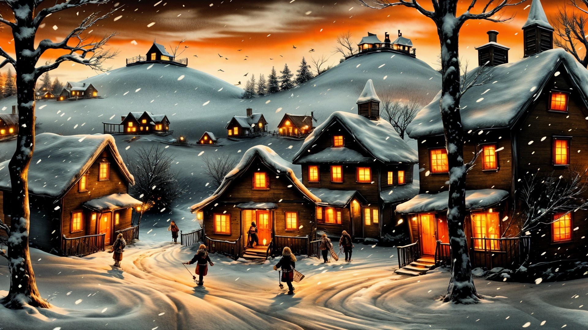 Cozy Winter Village Scene with Snow and Sunset