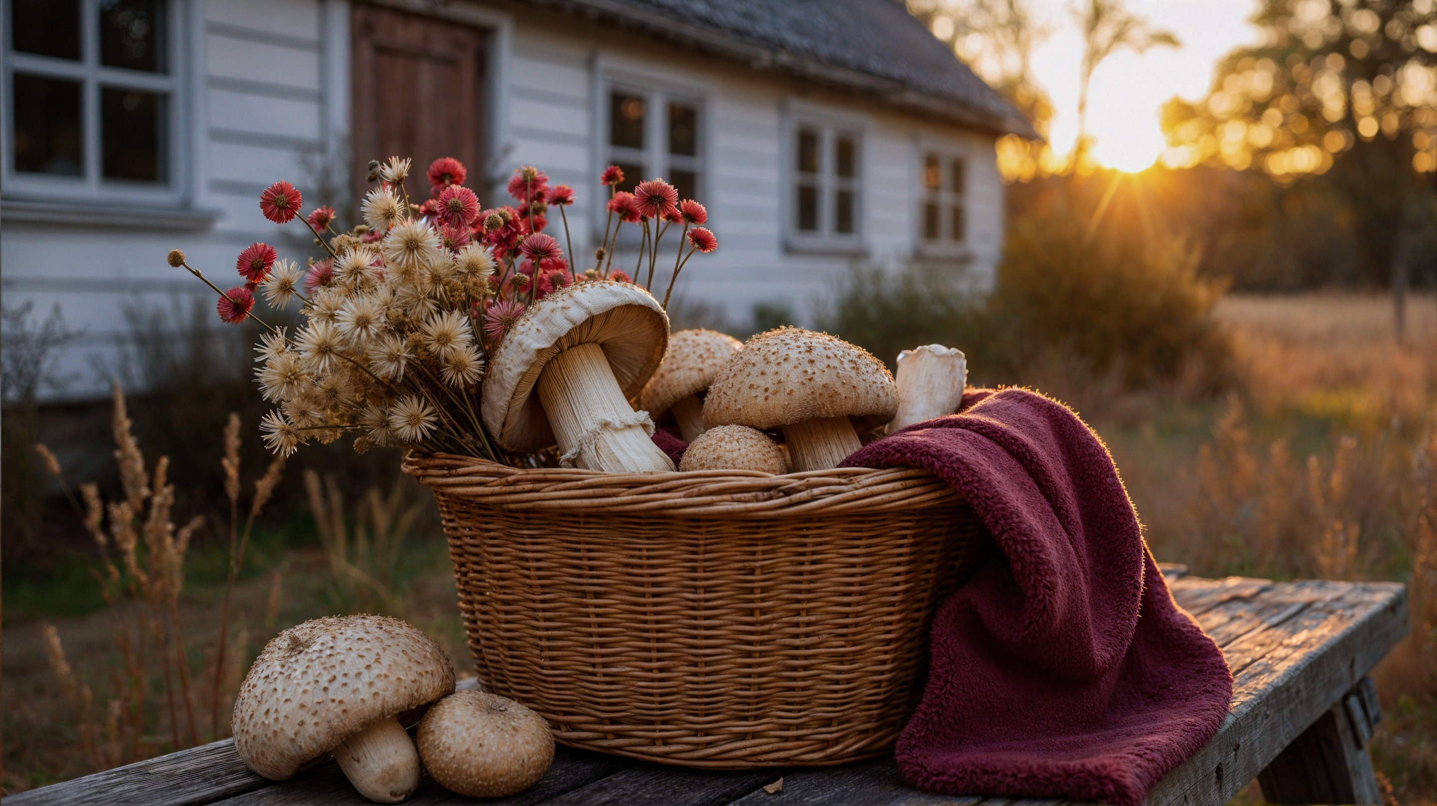 Rustic Basket of Mushrooms with Cottage and Sunset