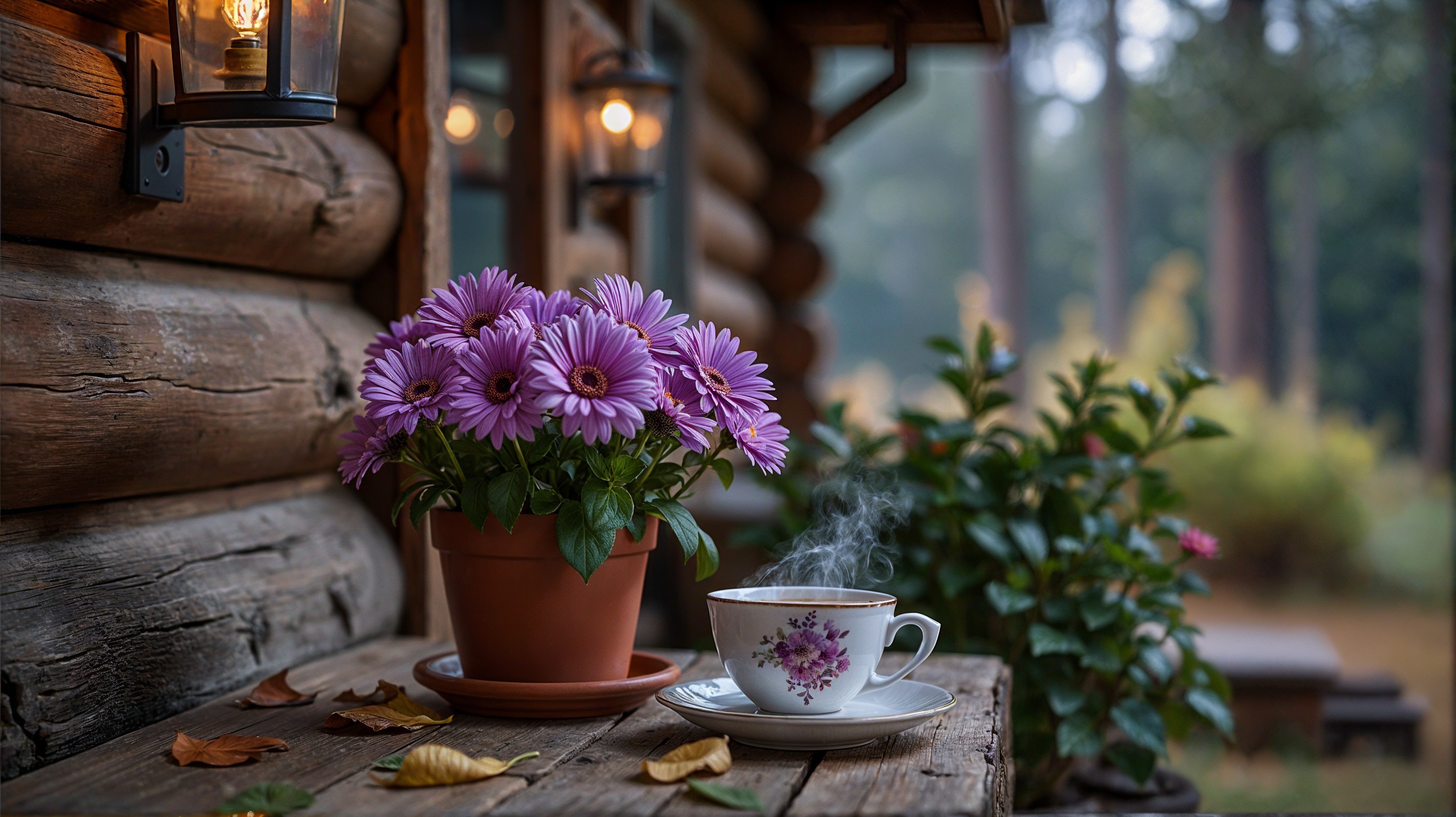 Rustic Outdoor Table with Tea and Purple Daisies