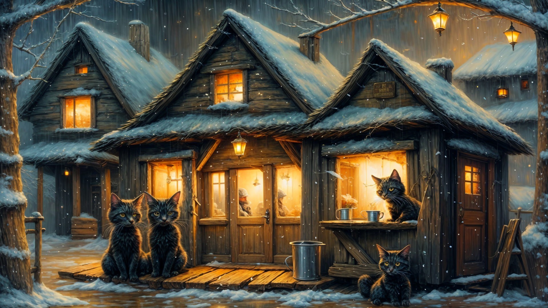 Cozy Snow-Covered Village with Playful Cats and Lanterns