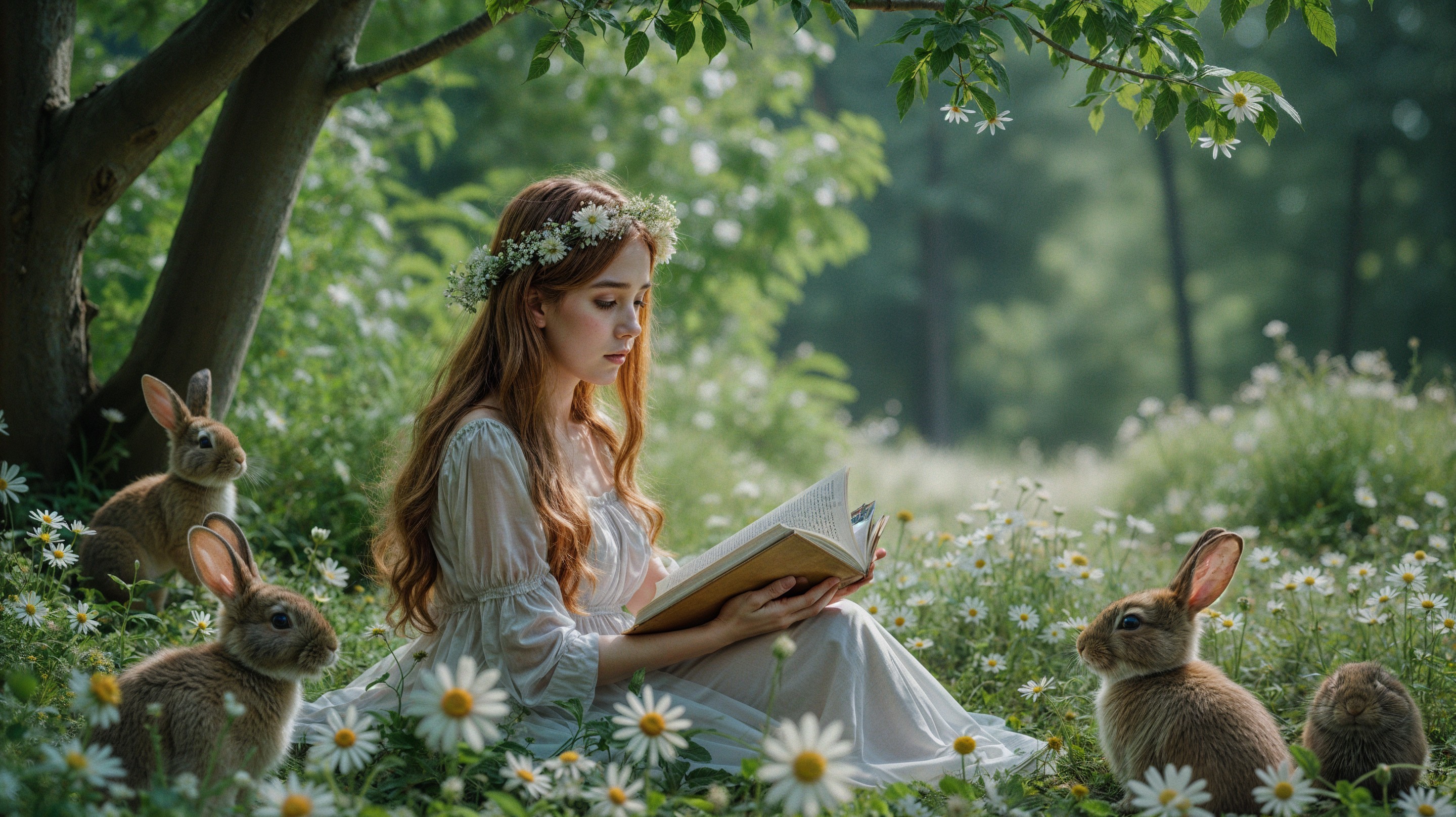 Serene Meadow Scene with Woman and Playful Rabbits