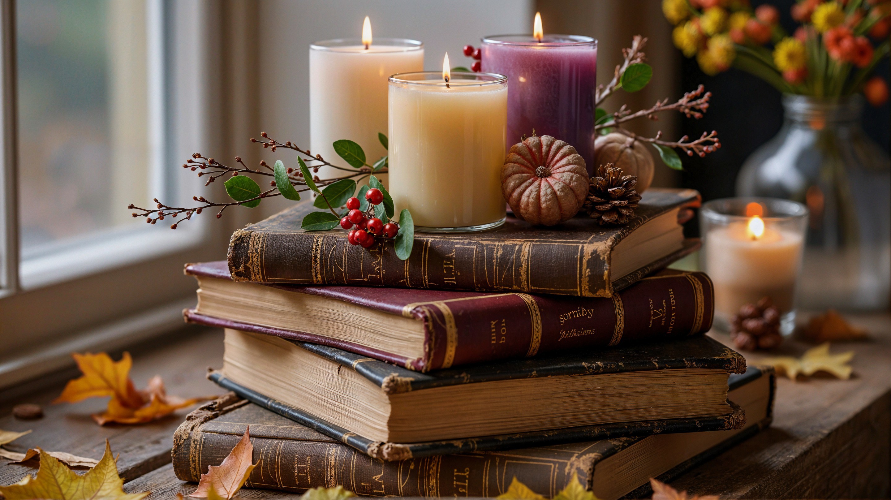 Cozy Autumn Scene with Vintage Books and Candles