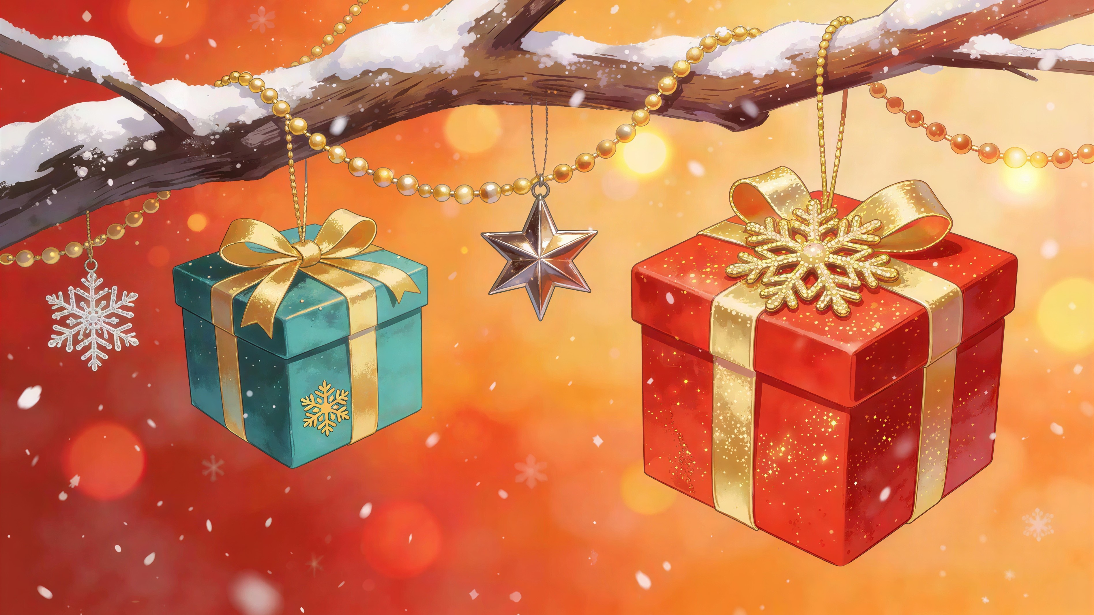 Christmas Gifts on Snowy Tree Branch with Lights