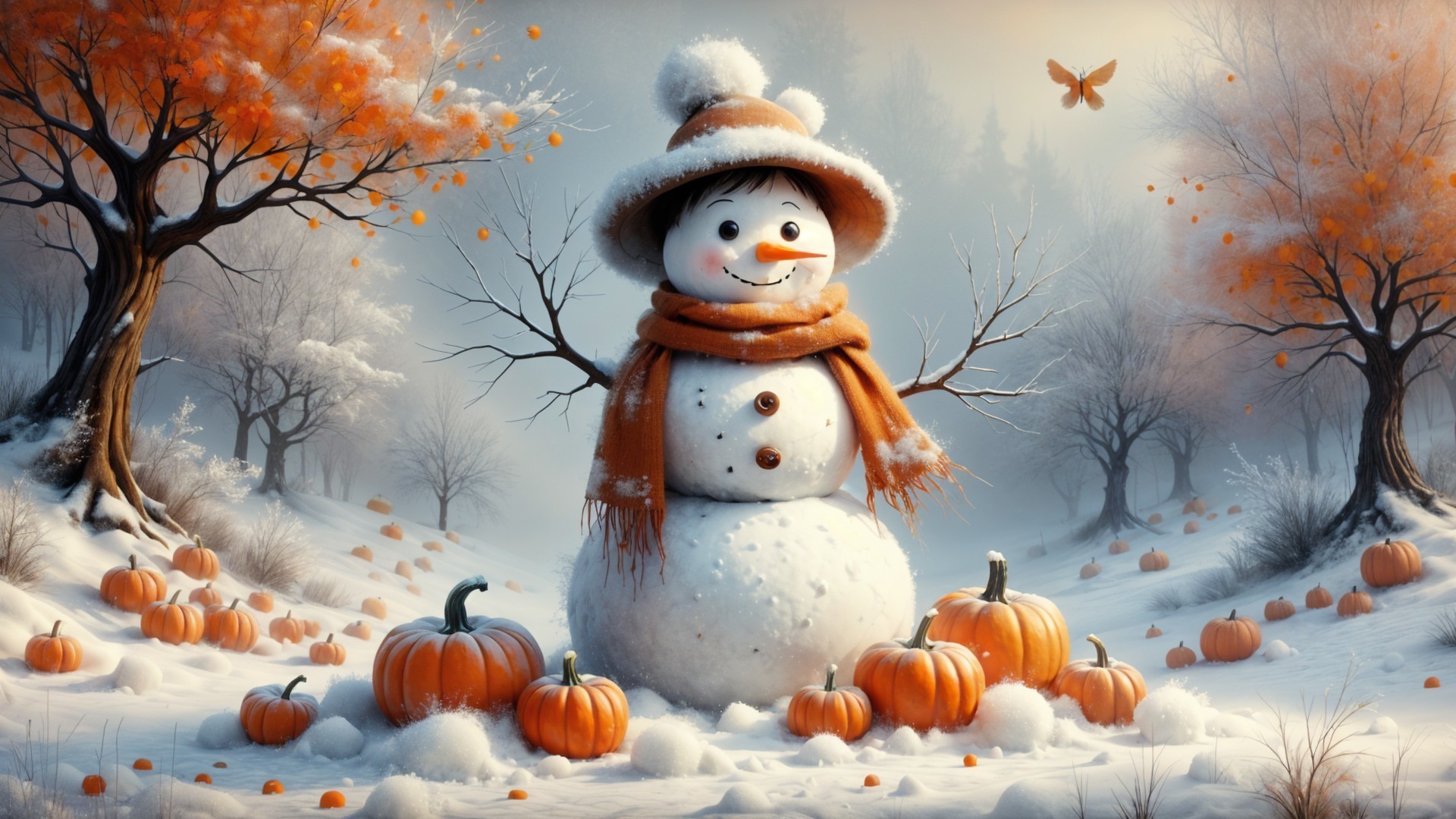 Cheerful snowman in winter landscape with pumpkins