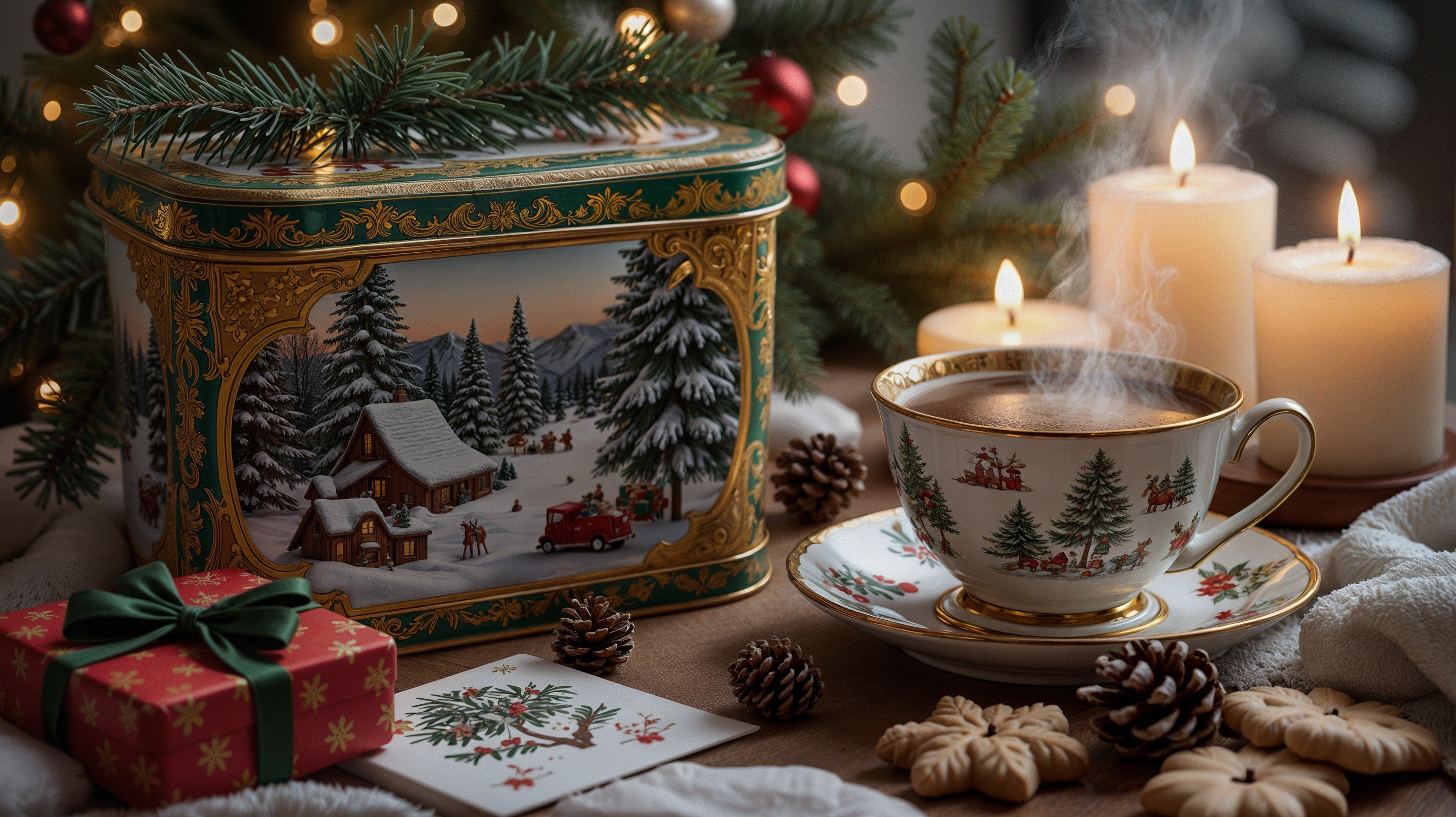 Cozy Christmas Scene with Decorated Cabin and Tea Cup