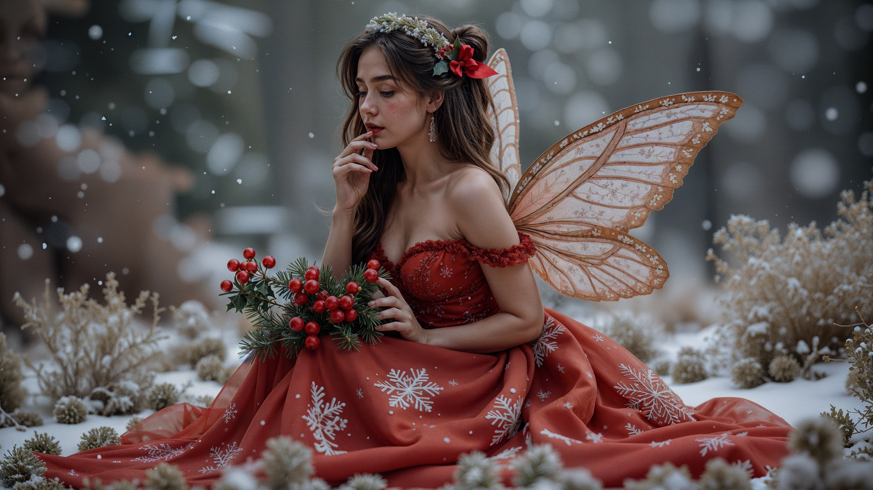 Young woman in red gown in winter wonderland setting