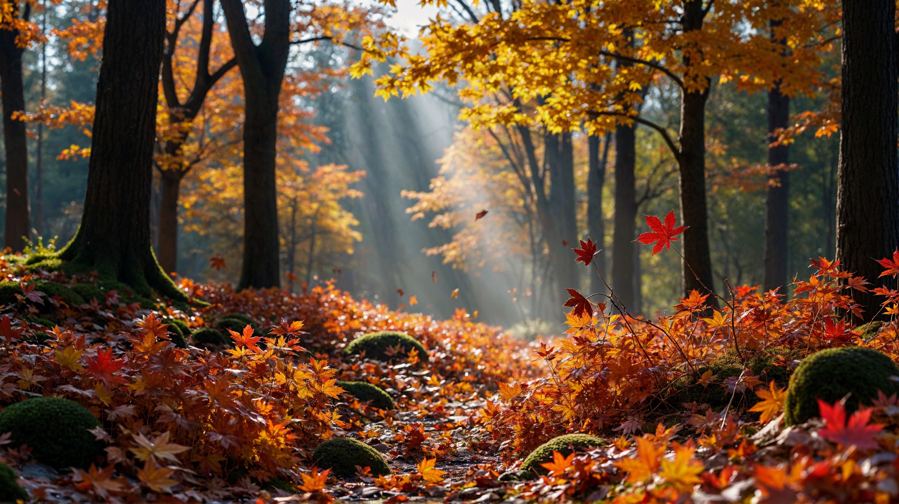 Serene forest scene with vibrant autumn foliage