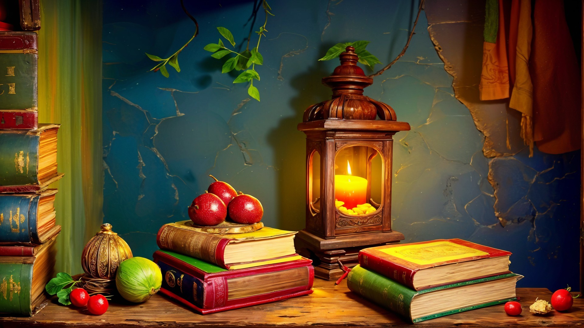 Cozy Antique Books and Lantern with Apples and Cabbage