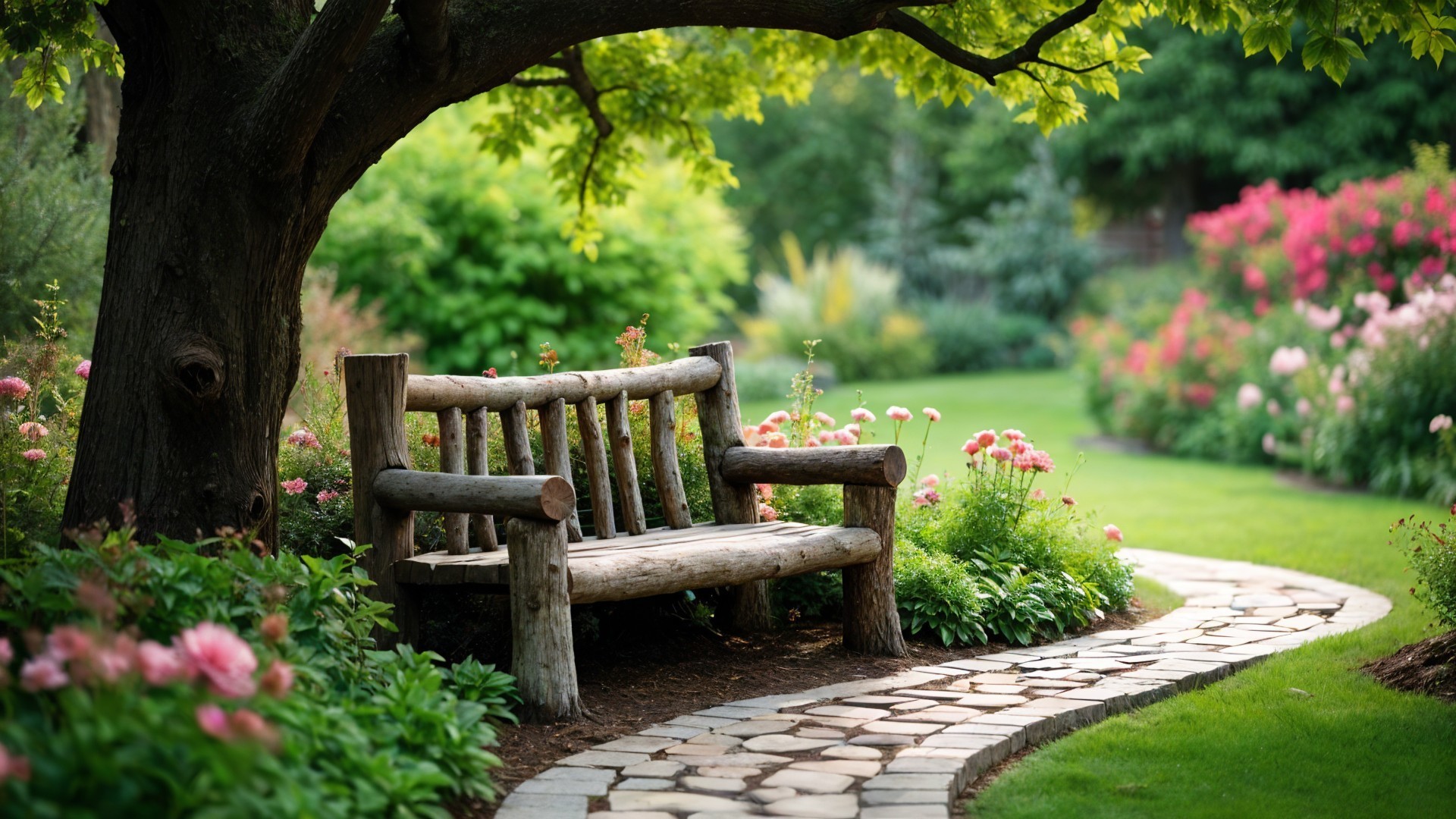 Charming Garden Scene with Rustic Bench and Flowers